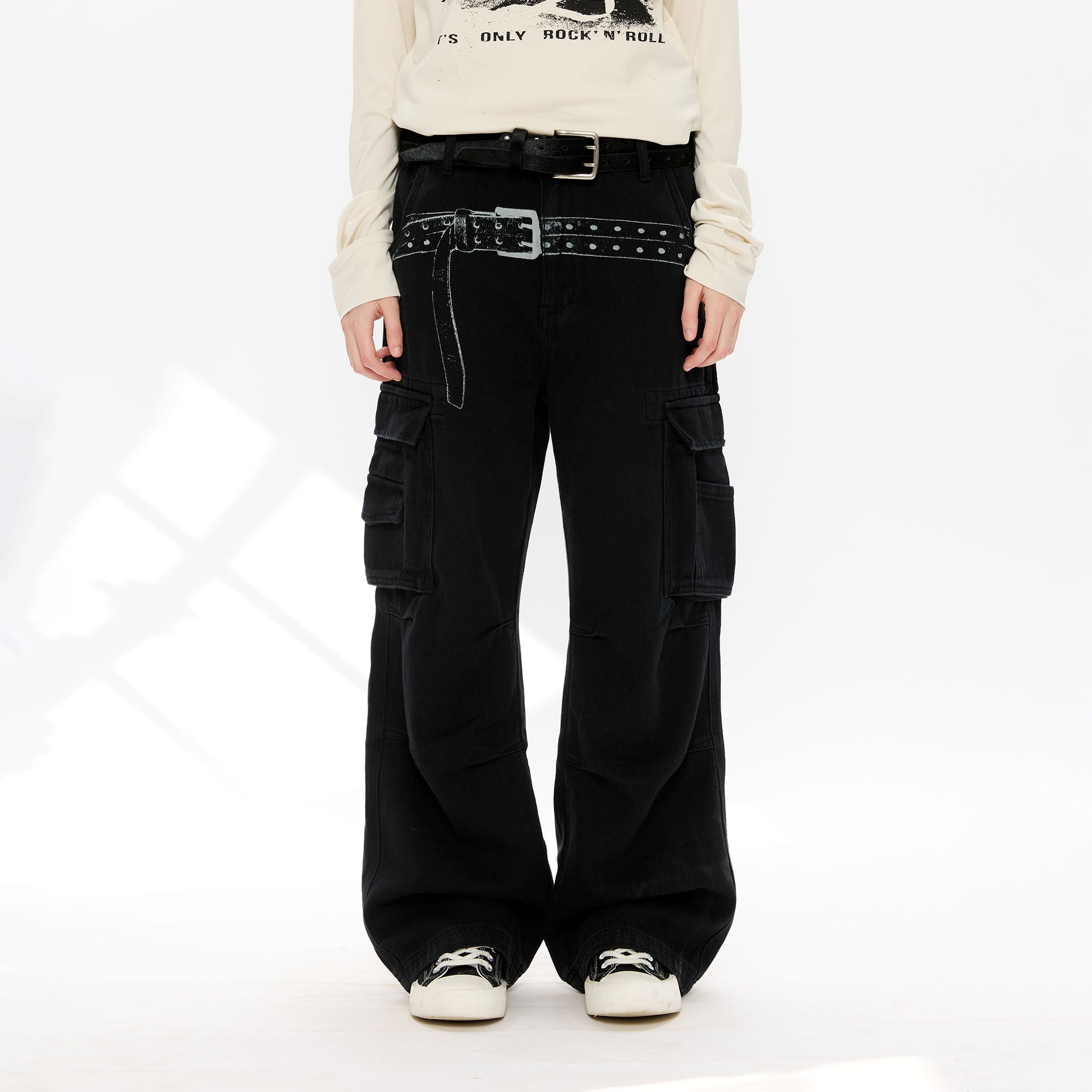 KREATE Washed Belt Graphic Crinkled Cargo Pants