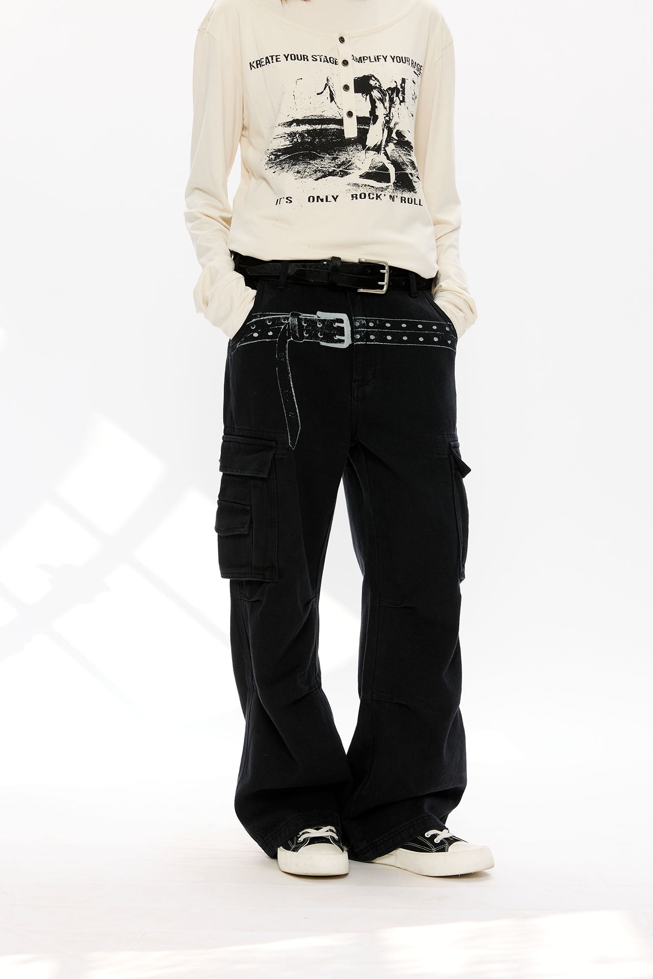 KREATE Washed Belt Graphic Crinkled Cargo Pants, premium urban and streetwear designers apparel on PROJECTISR.com, KREATE