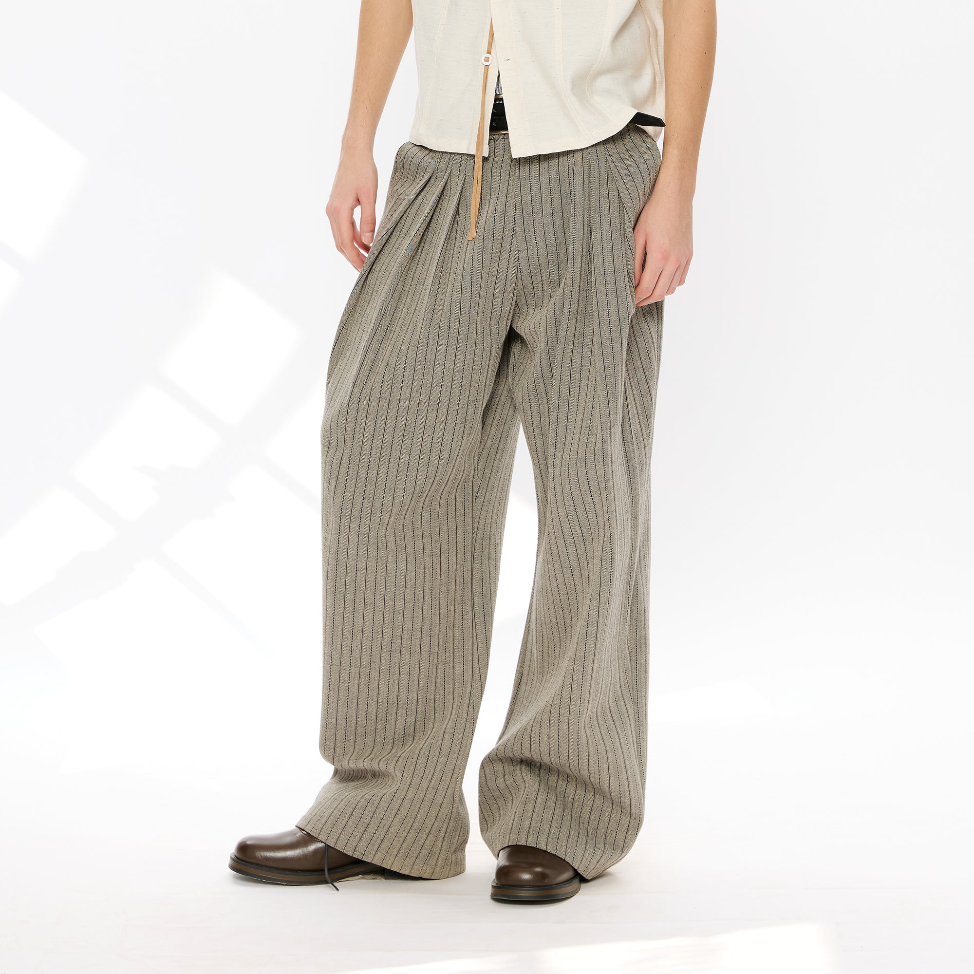 KREATE Pinstripe Pleated Draped Wide Trousers, premium urban and streetwear designers apparel on PROJECTISR.com, KREATE