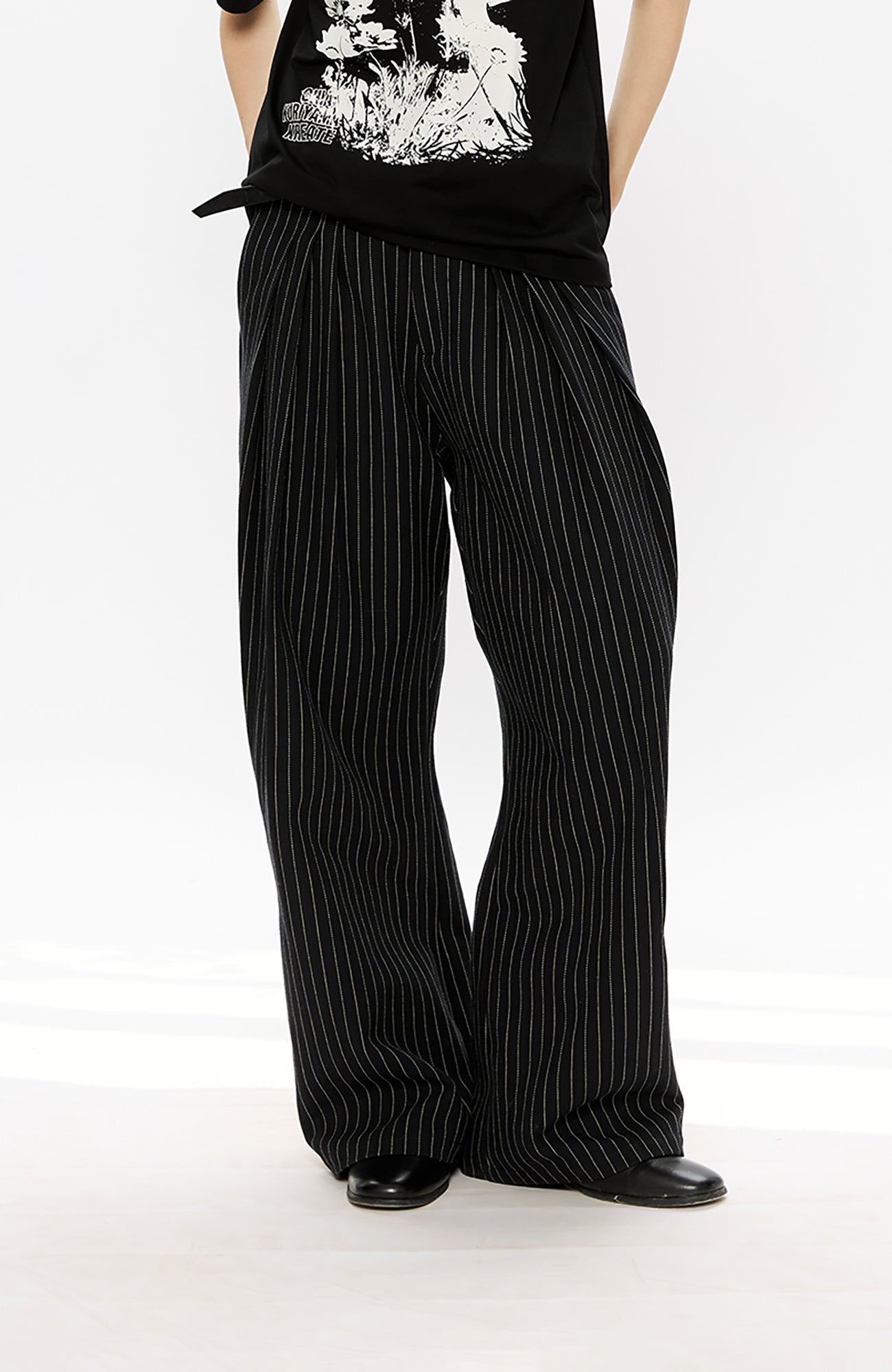 KREATE Pinstripe Pleated Draped Wide Trousers, premium urban and streetwear designers apparel on PROJECTISR.com, KREATE