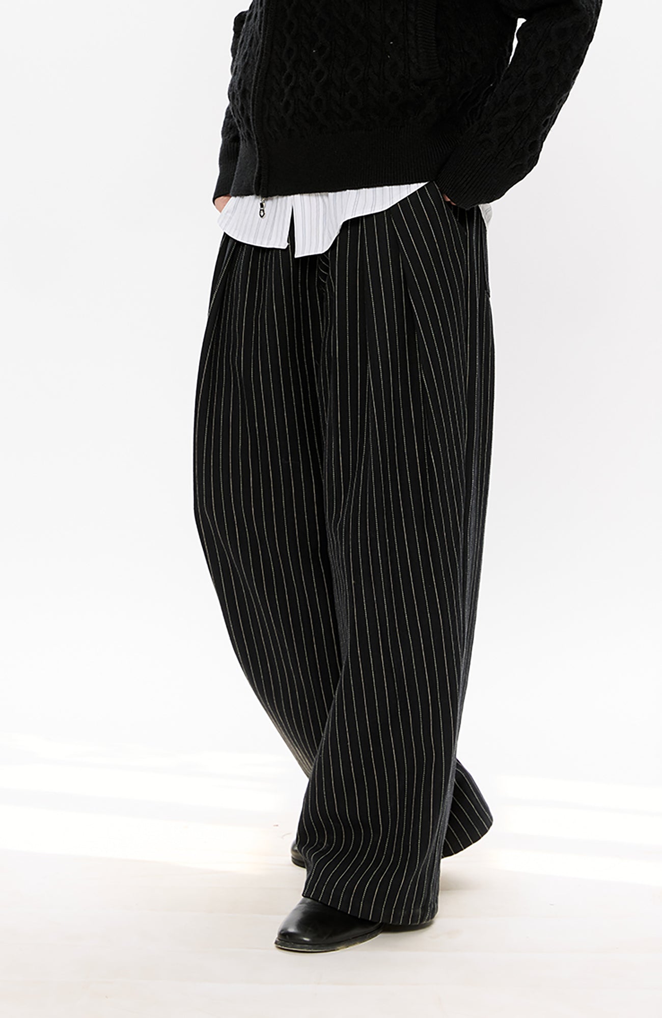 KREATE Pinstripe Pleated Draped Wide Trousers, premium urban and streetwear designers apparel on PROJECTISR.com, KREATE