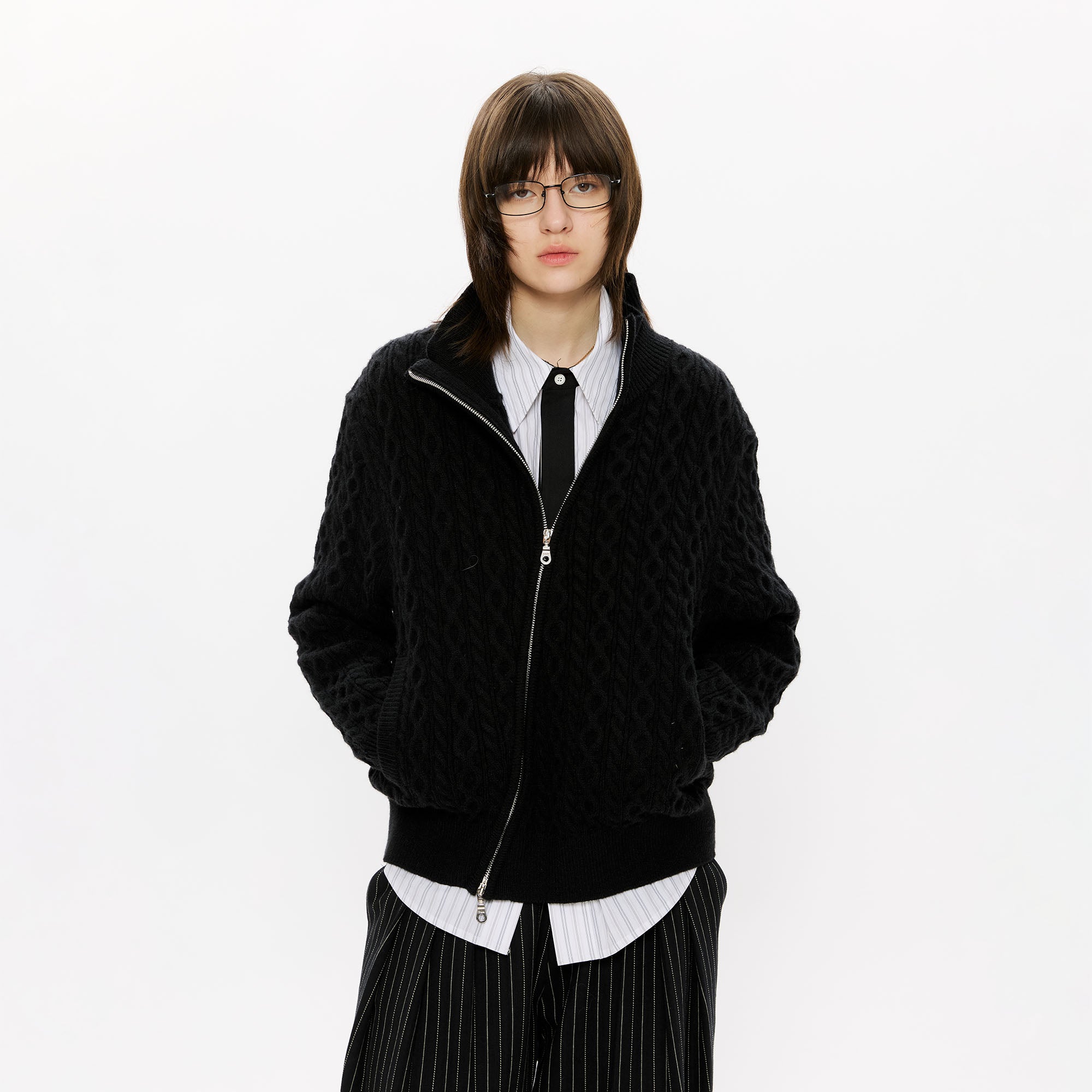 KREATE Asymmetrical Zip Cable-Knit Sweater