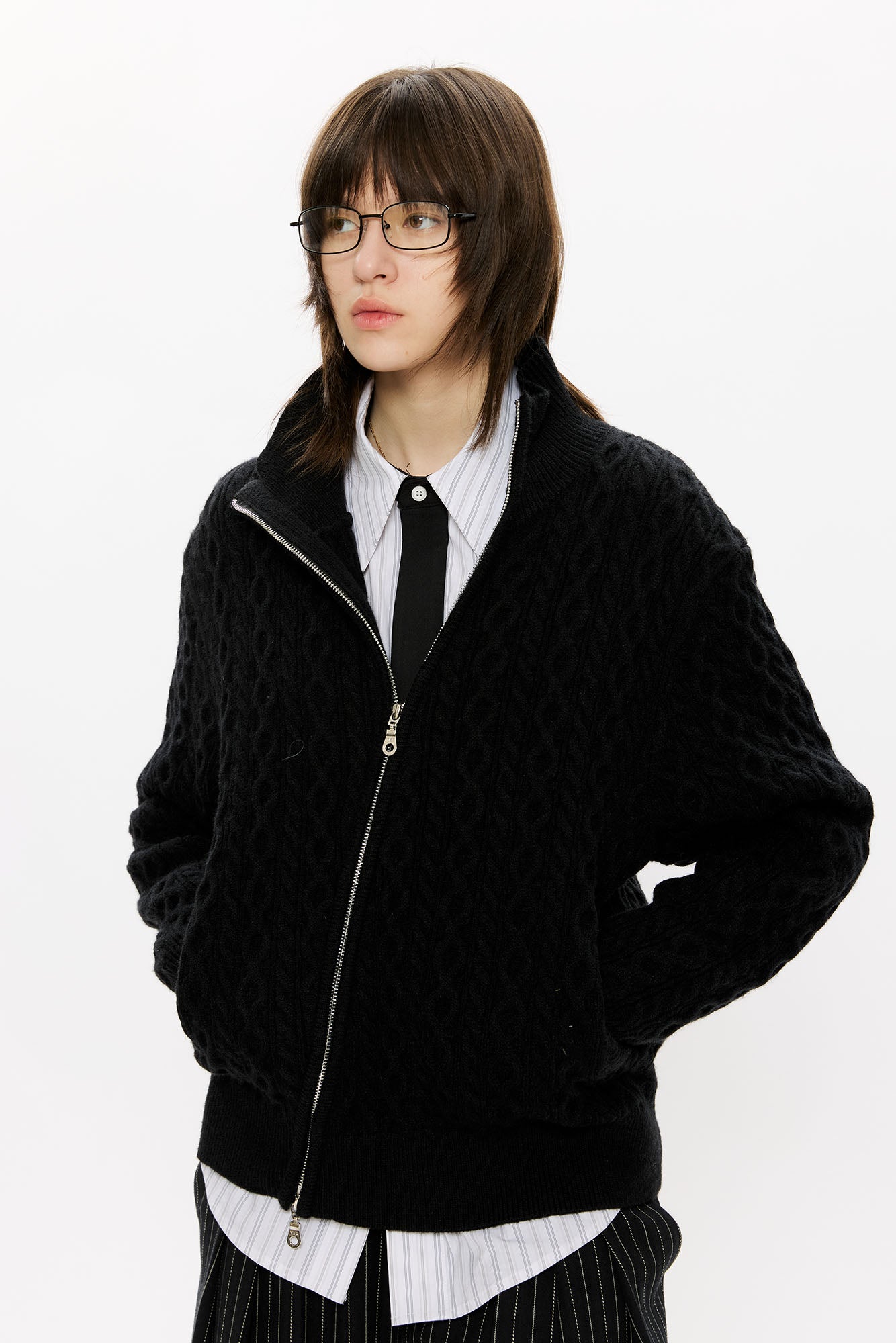 KREATE Asymmetrical Zip Cable-Knit Sweater, premium urban and streetwear designers apparel on PROJECTISR.com, KREATE