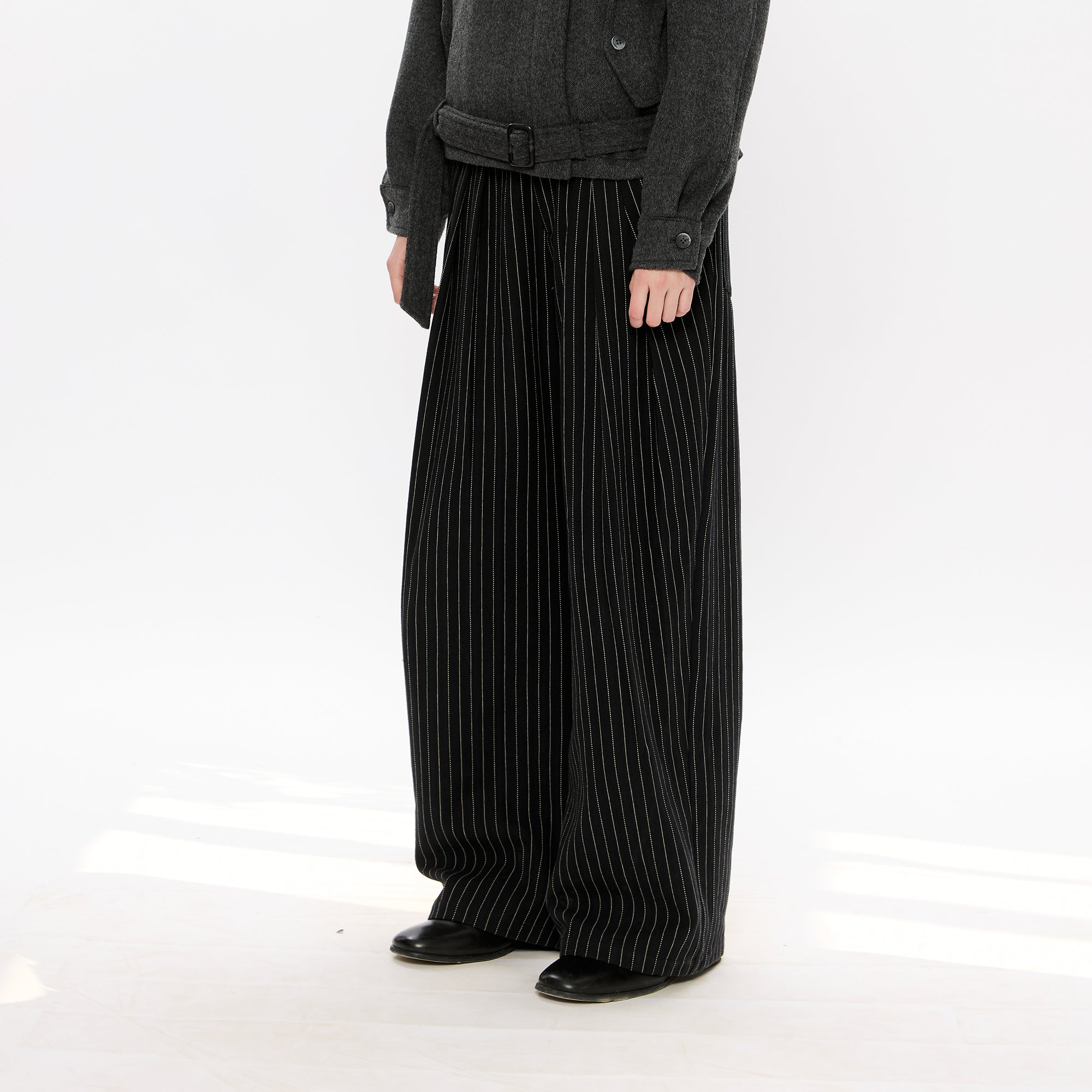 KREATE Pinstripe Pleated Draped Wide Trousers, premium urban and streetwear designers apparel on PROJECTISR.com, KREATE
