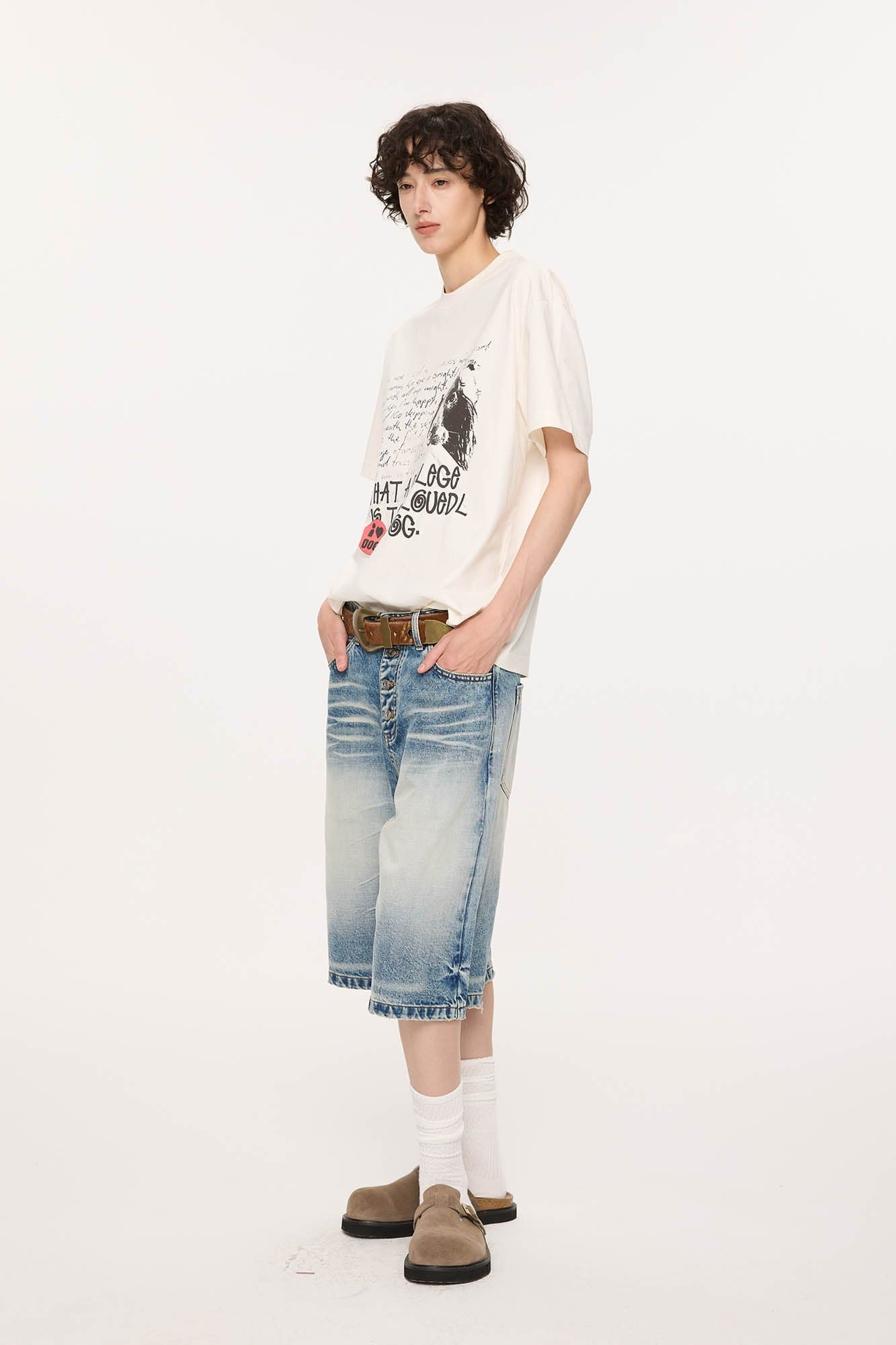 KREATE Retro Washed Button-Up Fuji-San Denim Shorts