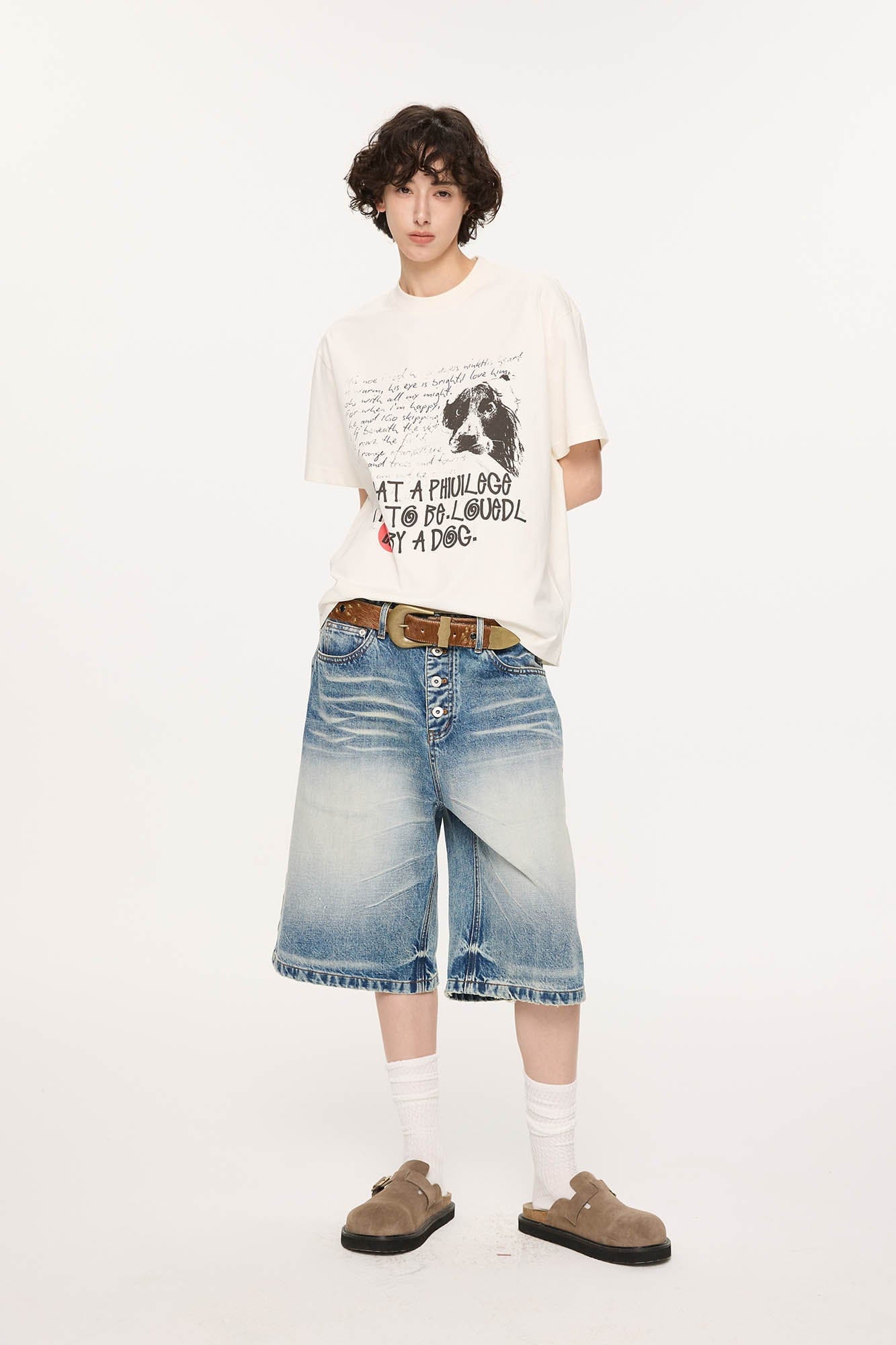 KREATE Retro Washed Button-Up Fuji-San Denim Shorts