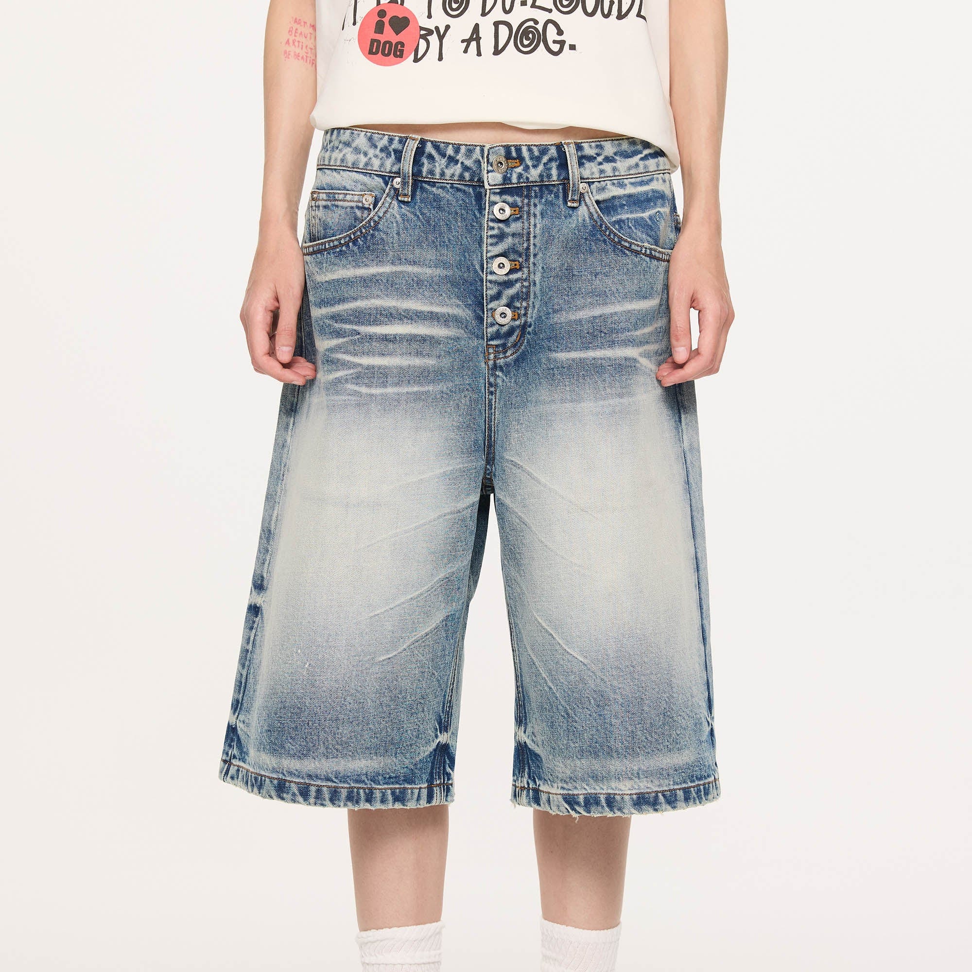KREATE Retro Washed Button-Up Fuji-San Denim Shorts