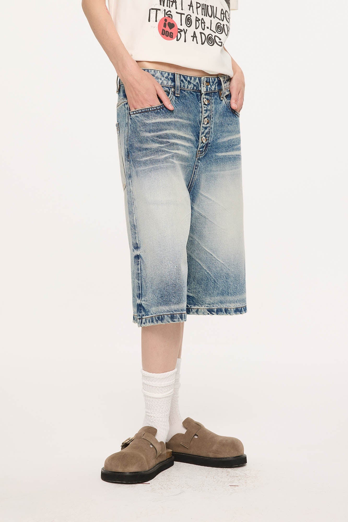 KREATE Retro Washed Button-Up Fuji-San Denim Shorts
