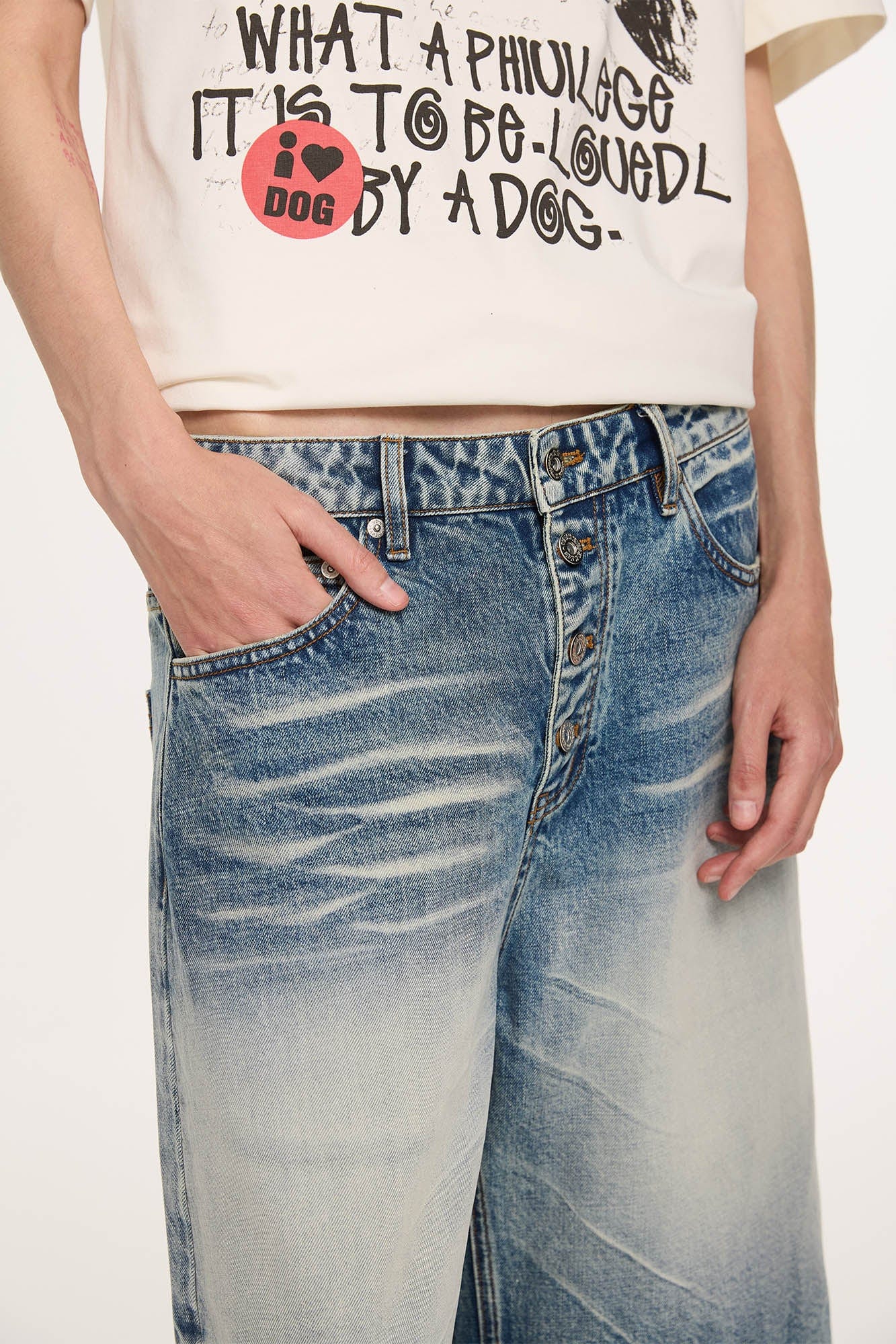 KREATE Retro Washed Button-Up Fuji-San Denim Shorts