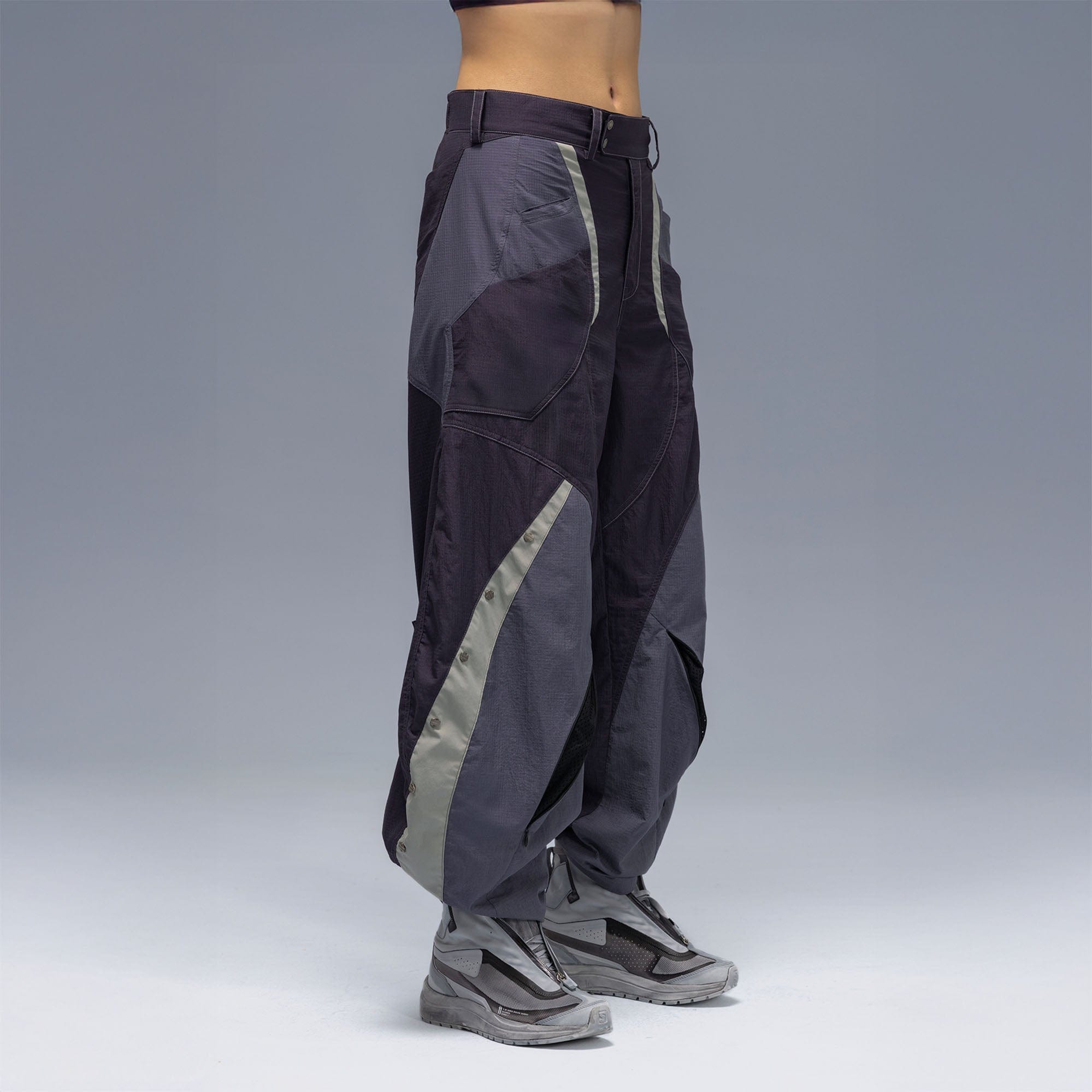 XIPHEVIL Deconstructed Contrast Panel Utility Curved Pants, premium urban and streetwear designers apparel on PROJECTISR.com, XIPHEVIL