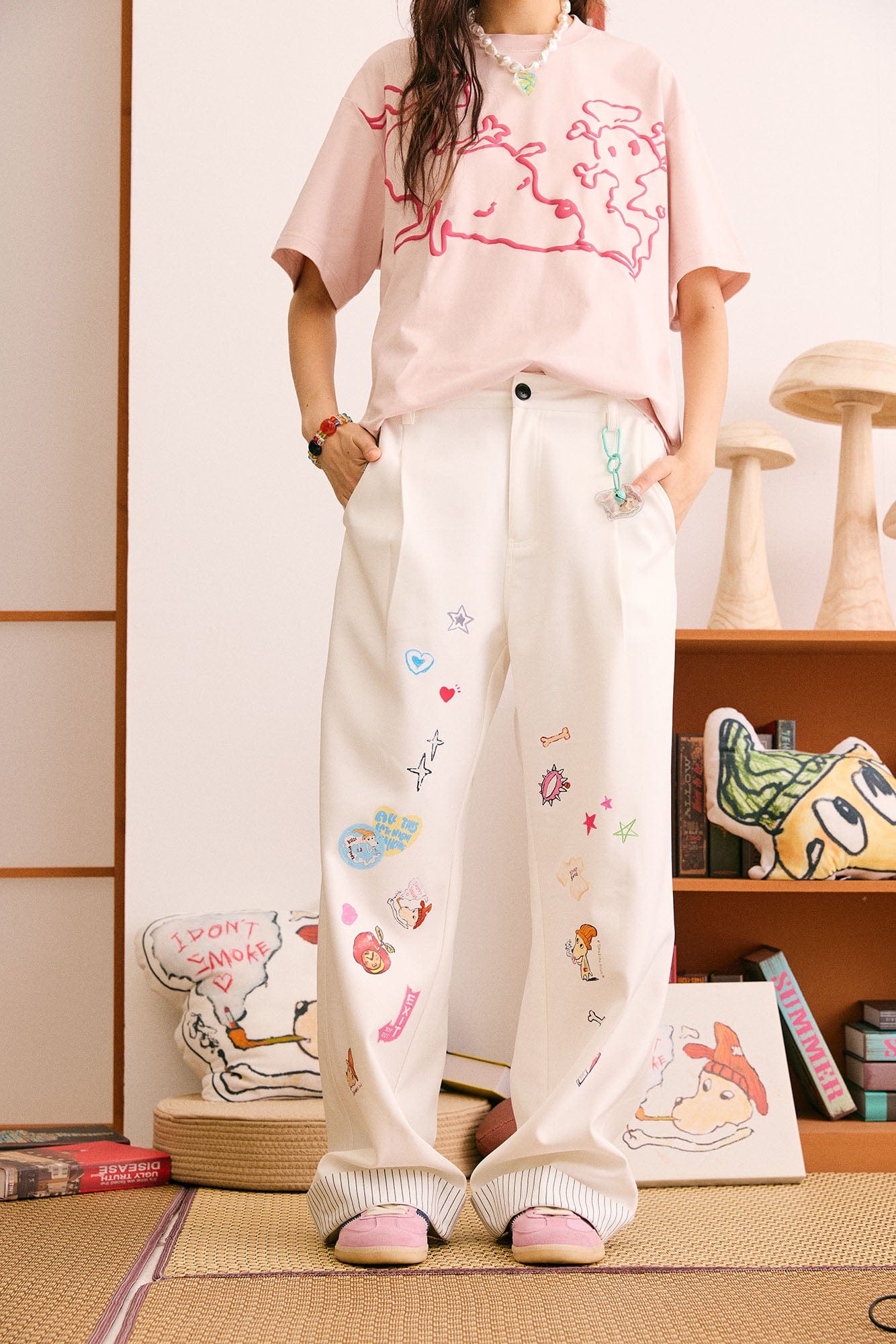 DONSMOKE Puppy Sticker Fold Striped Hem Trousers, premium urban and streetwear designers apparel on PROJECTISR.com, DONSMOKE