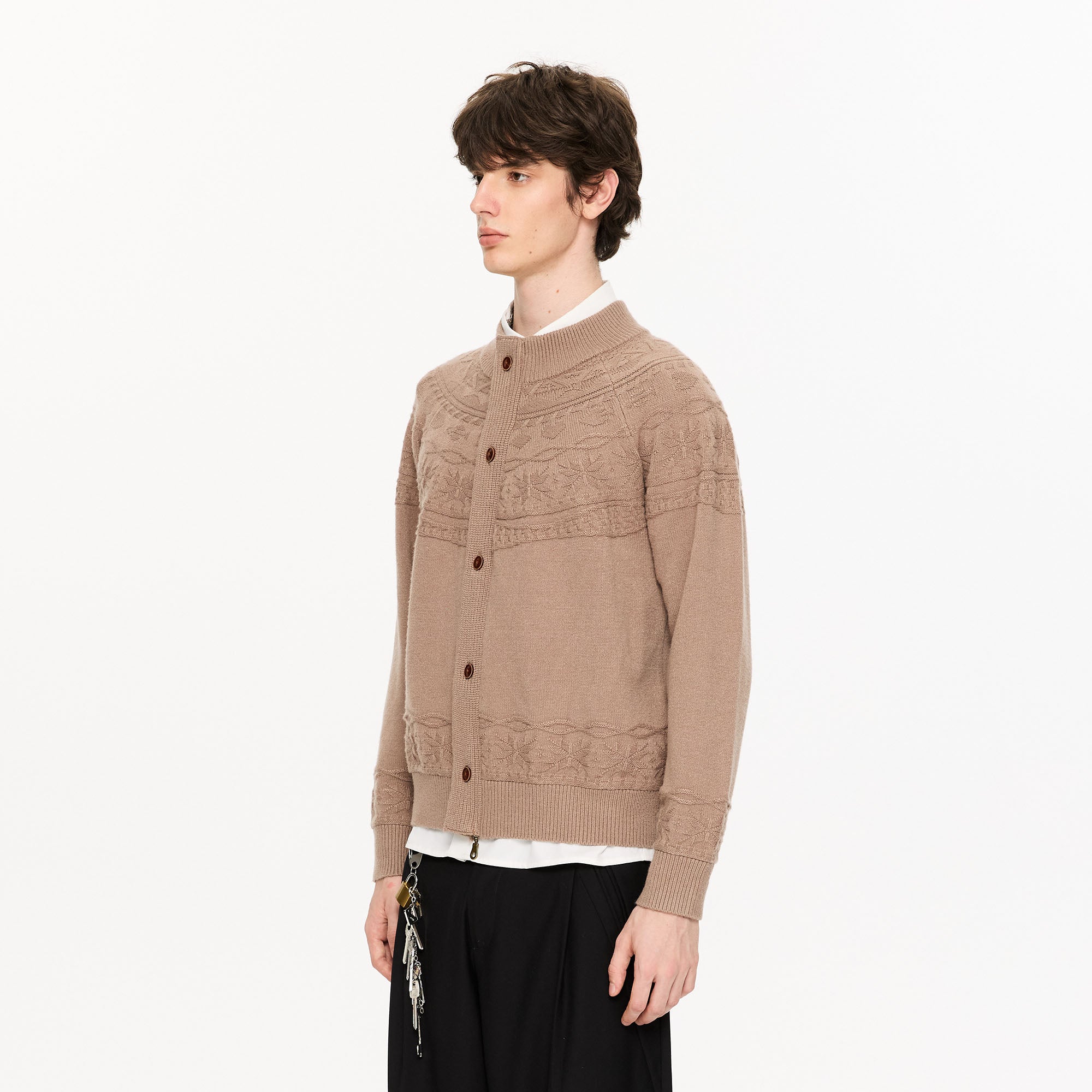 KREATE Double-Placket Jacquard Yoke Cardigan