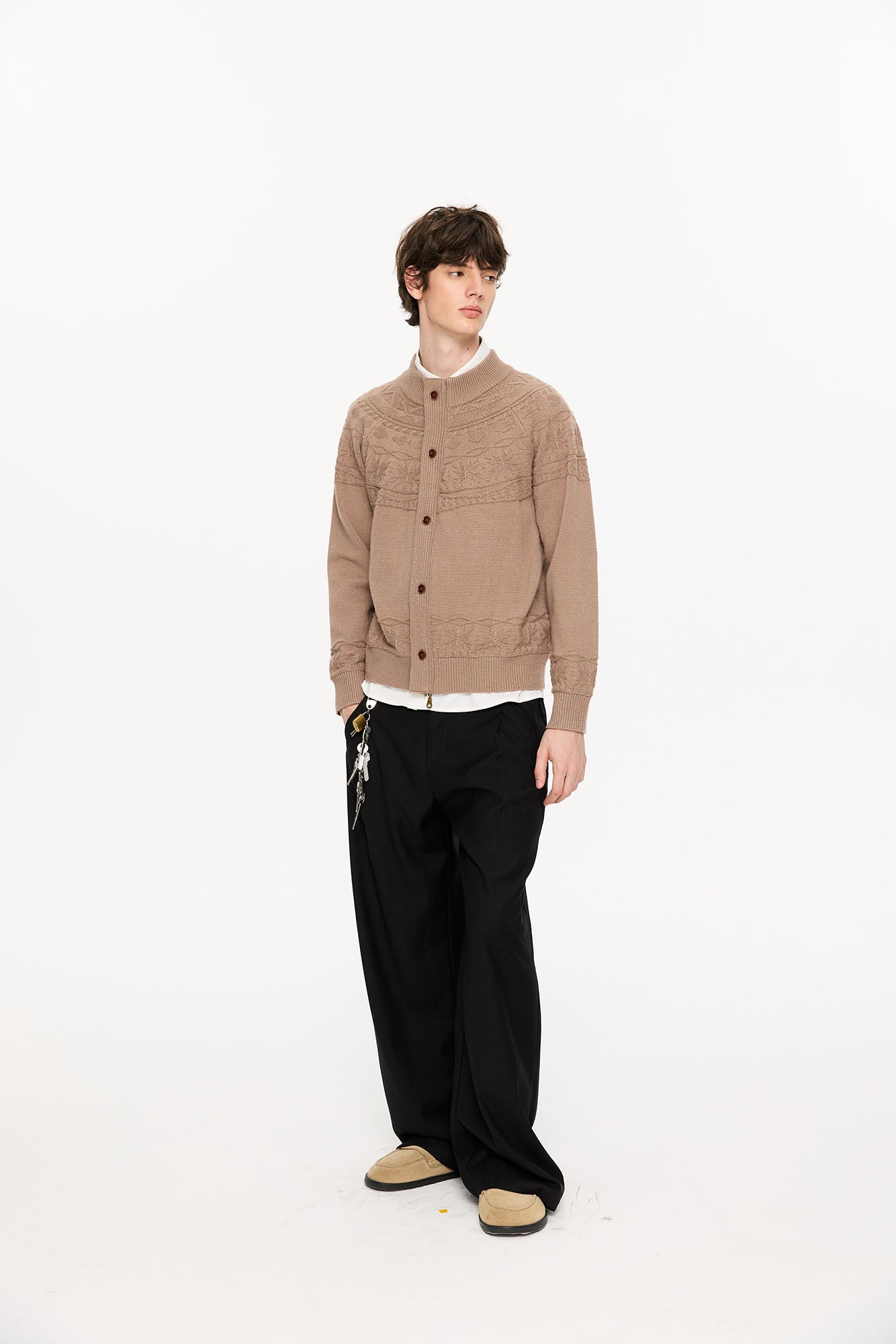 KREATE Double-Placket Jacquard Yoke Cardigan