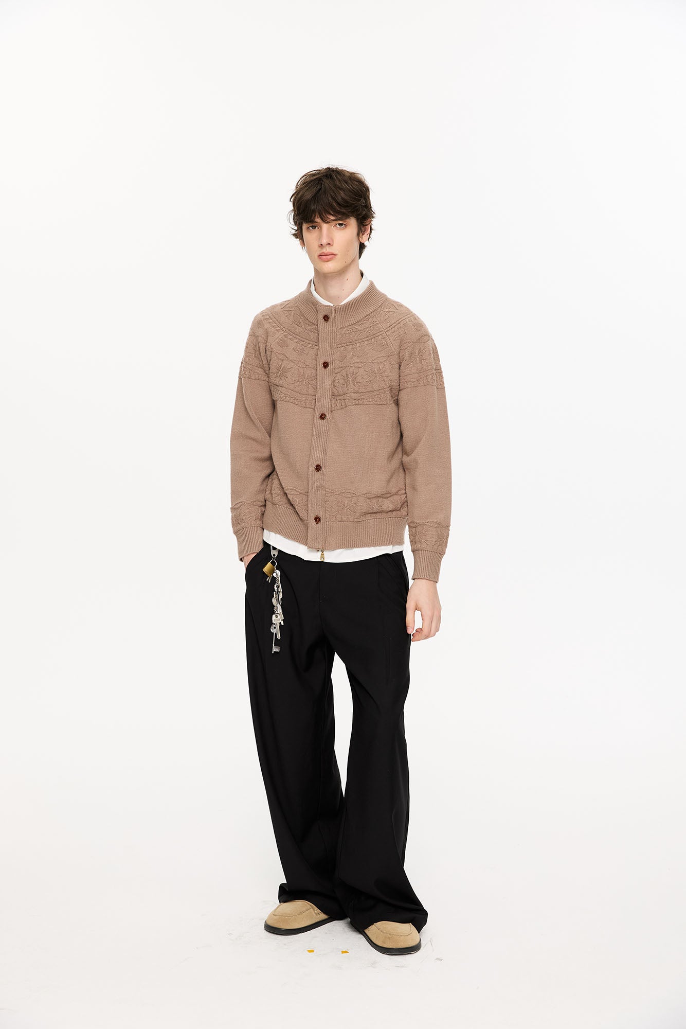 KREATE Double-Placket Jacquard Yoke Cardigan