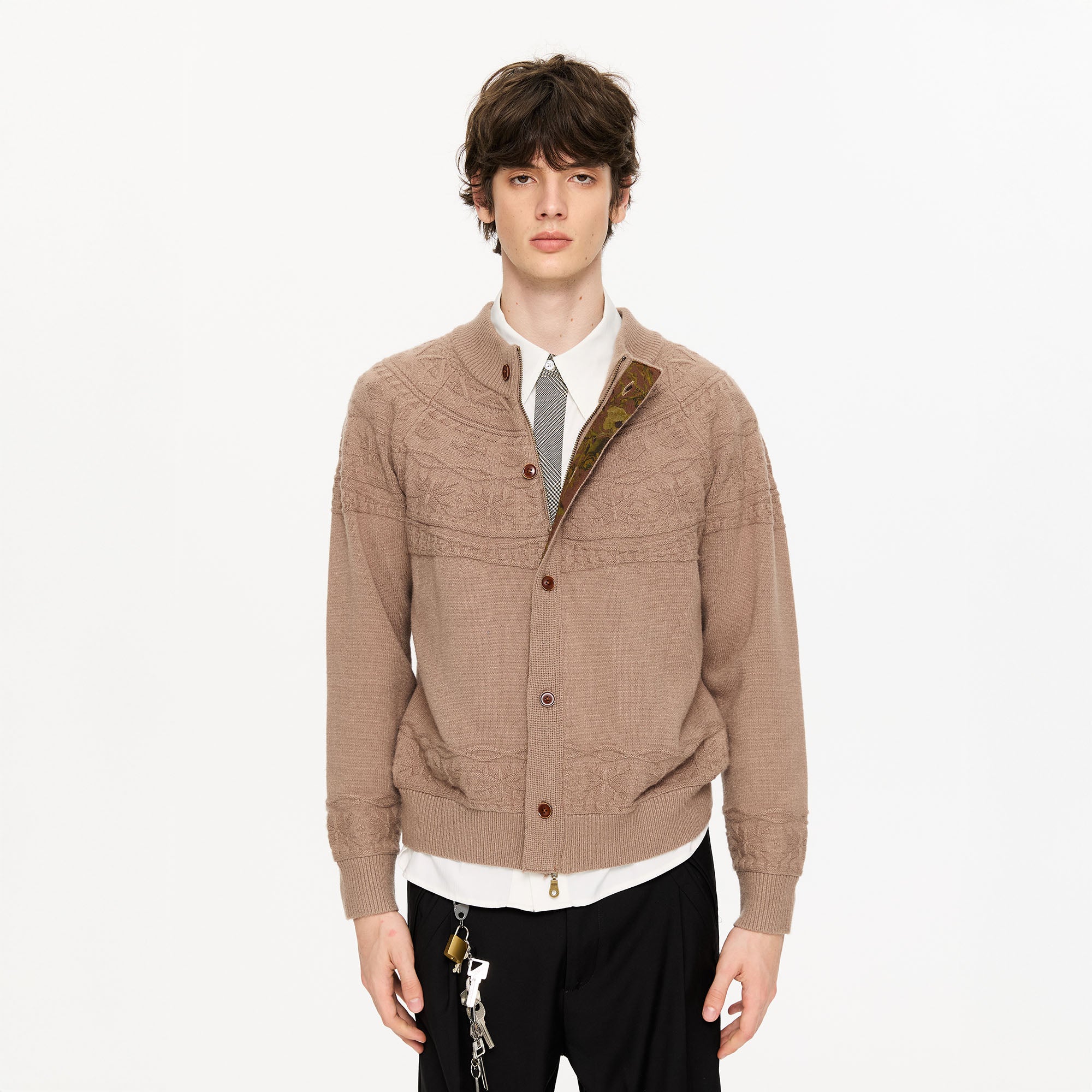 KREATE Double-Placket Jacquard Yoke Cardigan