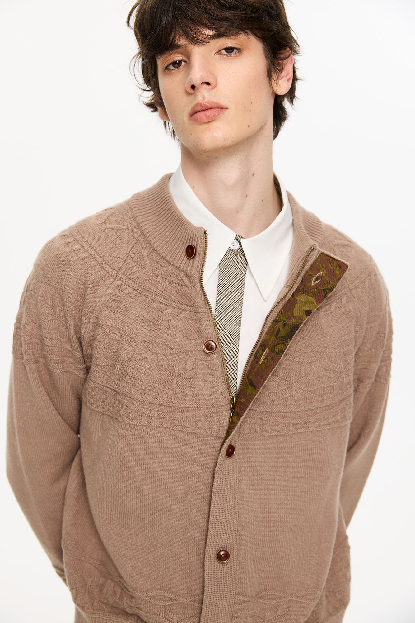KREATE Double-Placket Jacquard Yoke Cardigan