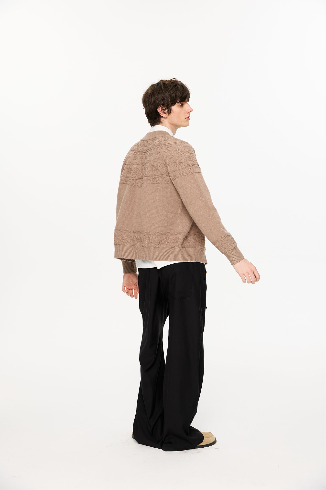 KREATE Double-Placket Jacquard Yoke Cardigan