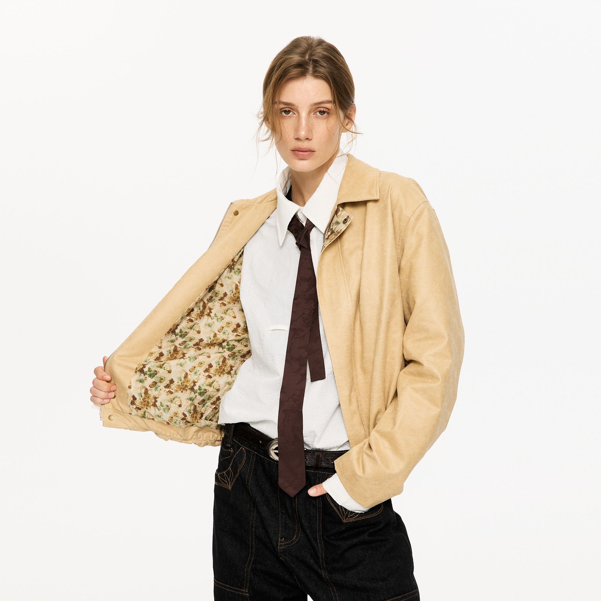 KREATE Floral-Lined Suede Bomber Jacket, premium urban and streetwear designers apparel on PROJECTISR.com, KREATE