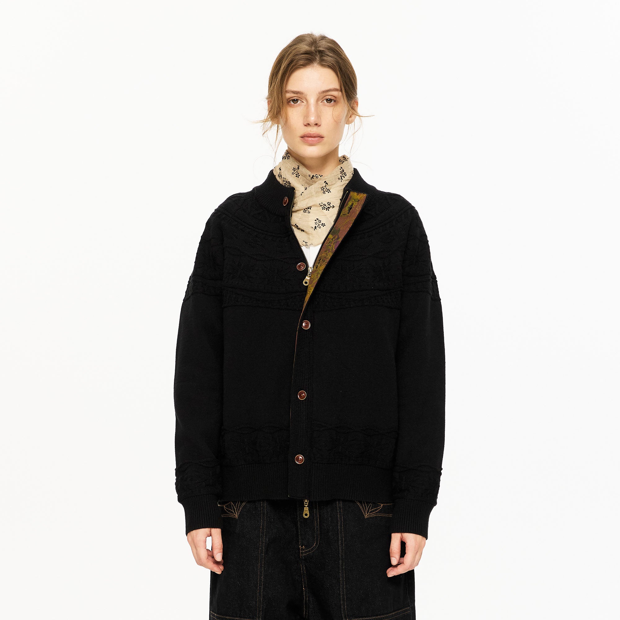 KREATE Double-Placket Jacquard Yoke Cardigan