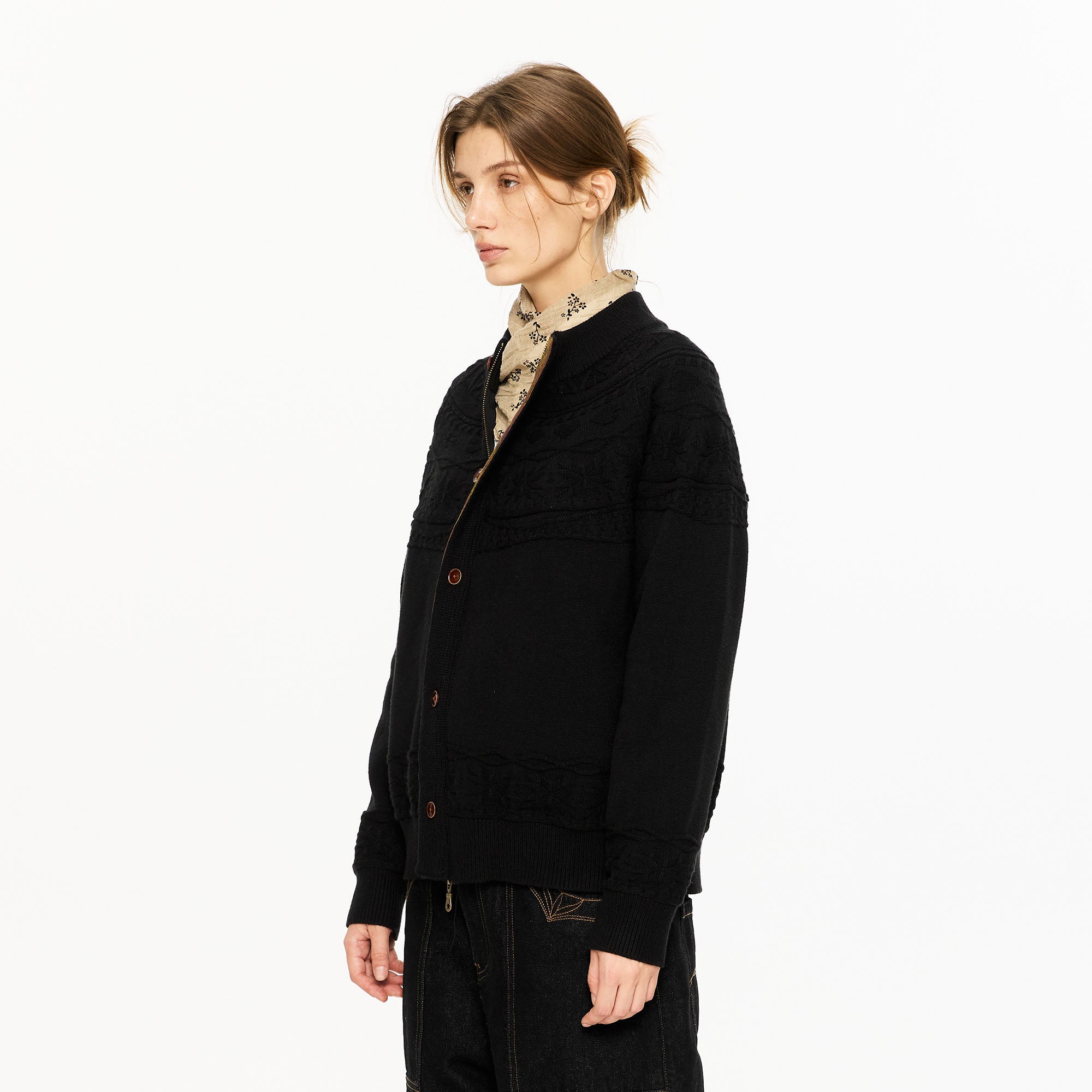 KREATE Double-Placket Jacquard Yoke Cardigan