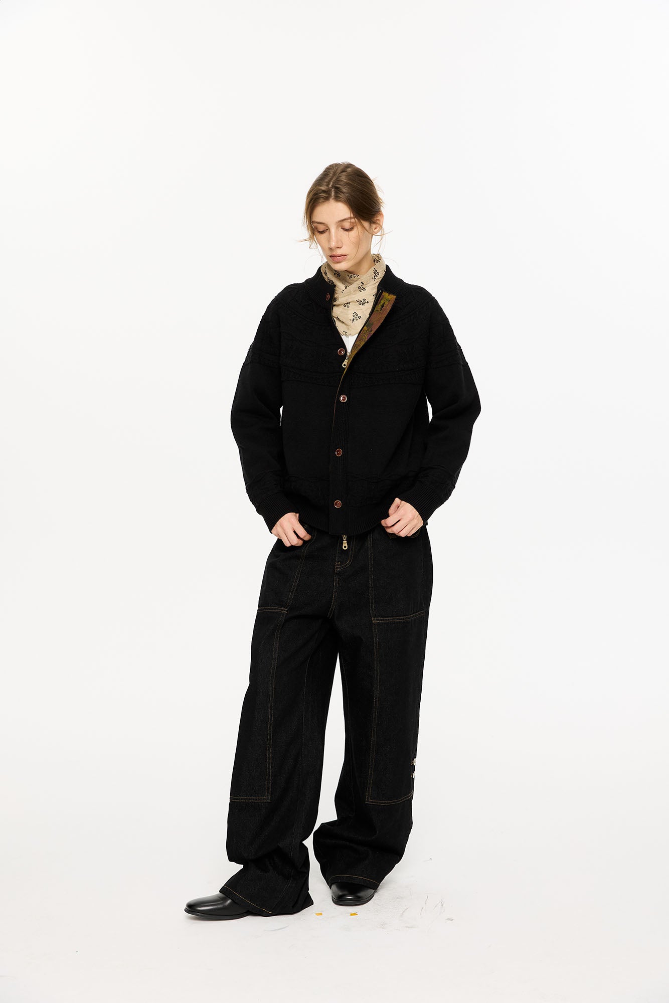 KREATE Double-Placket Jacquard Yoke Cardigan