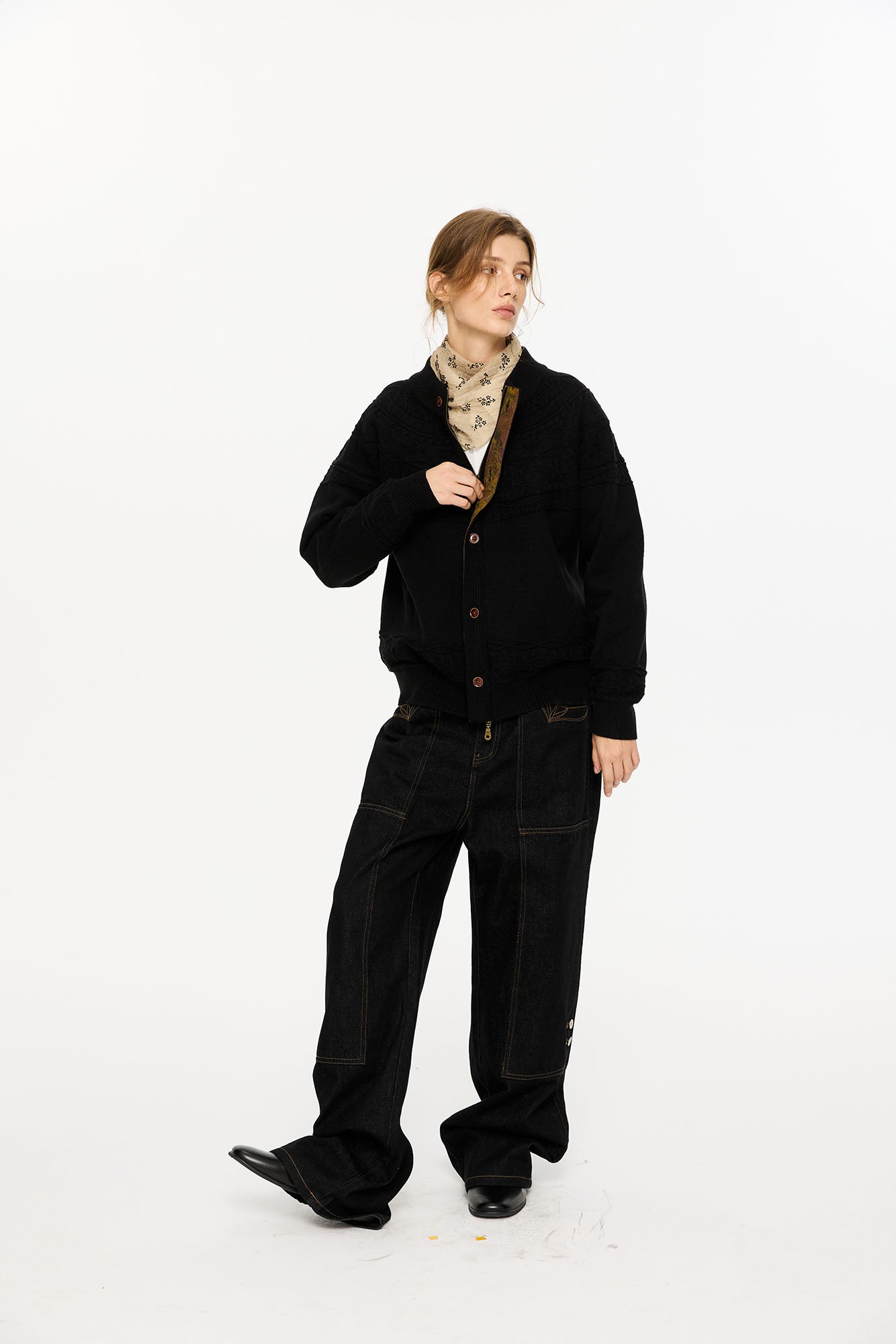 KREATE Double-Placket Jacquard Yoke Cardigan