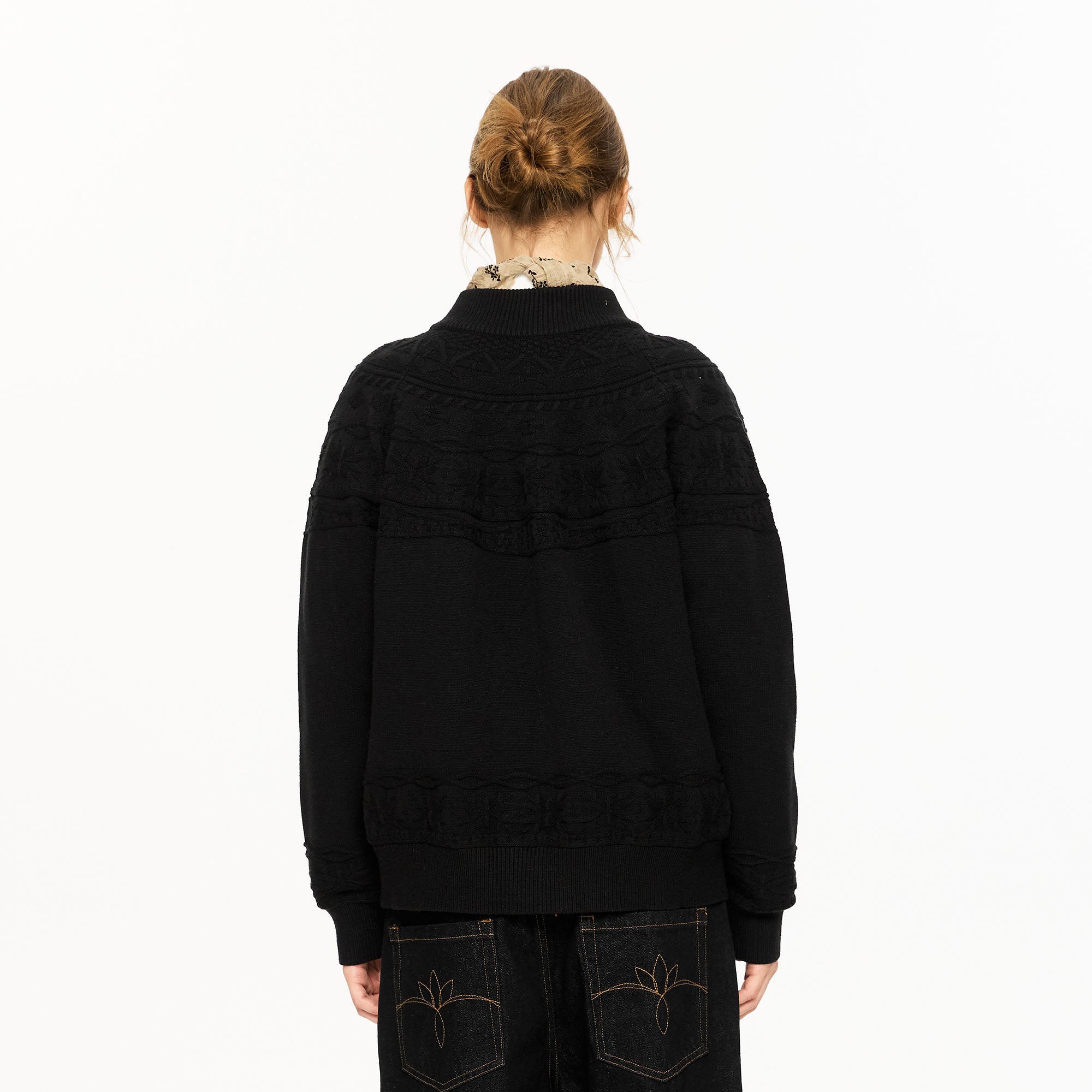 KREATE Double-Placket Jacquard Yoke Cardigan