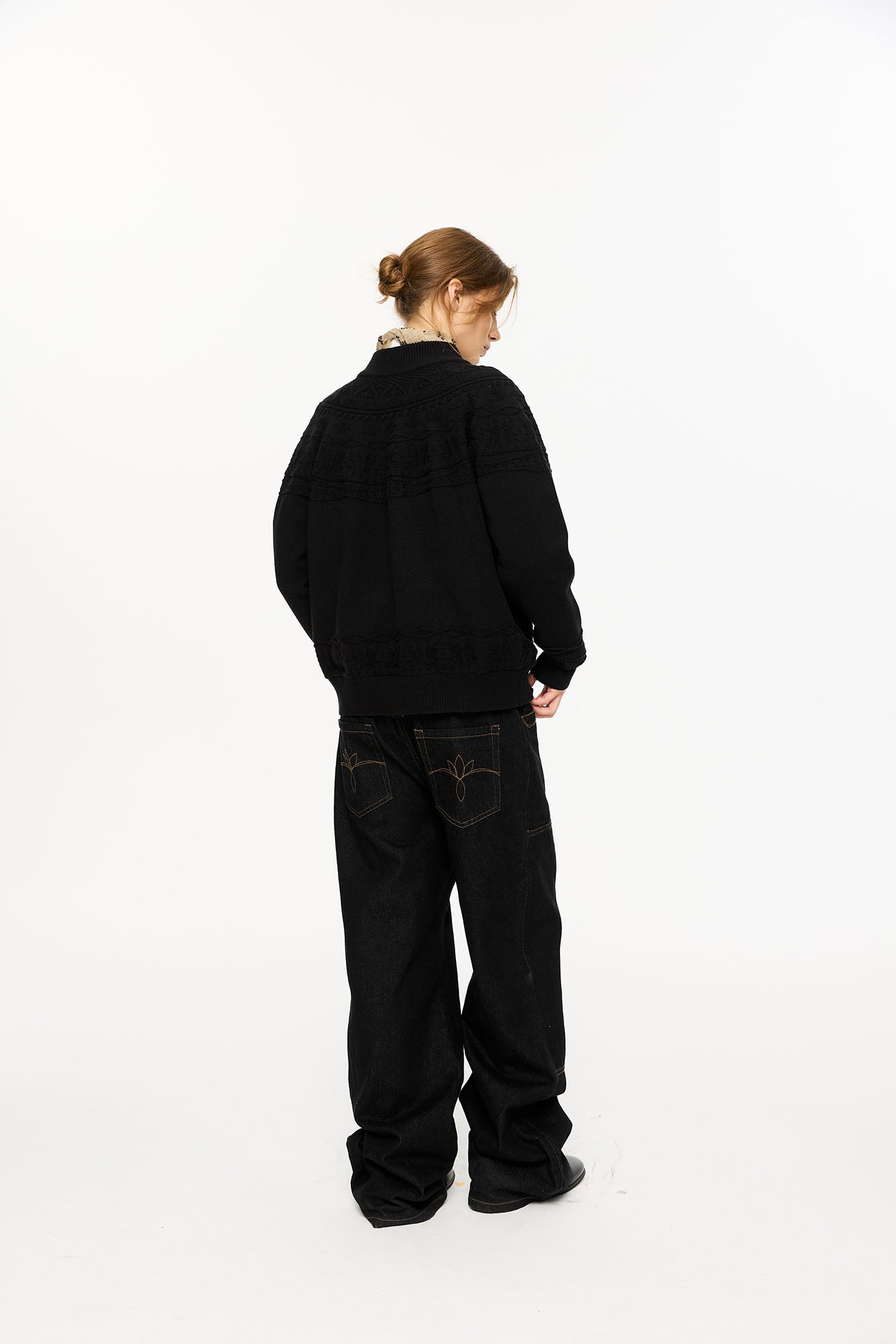 KREATE Double-Placket Jacquard Yoke Cardigan