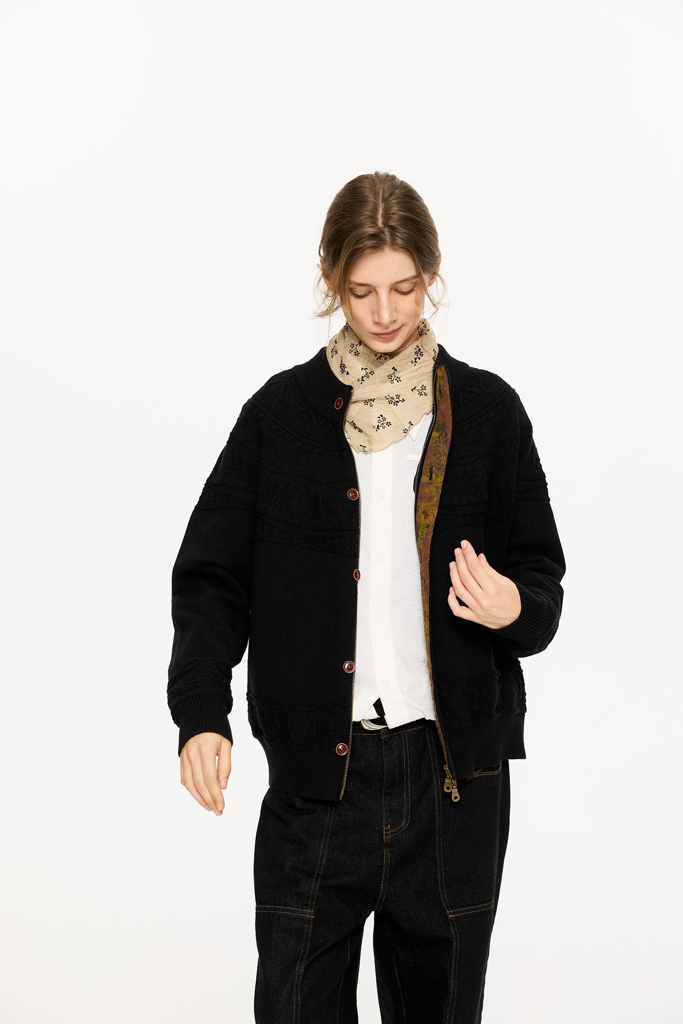 KREATE Double-Placket Jacquard Yoke Cardigan