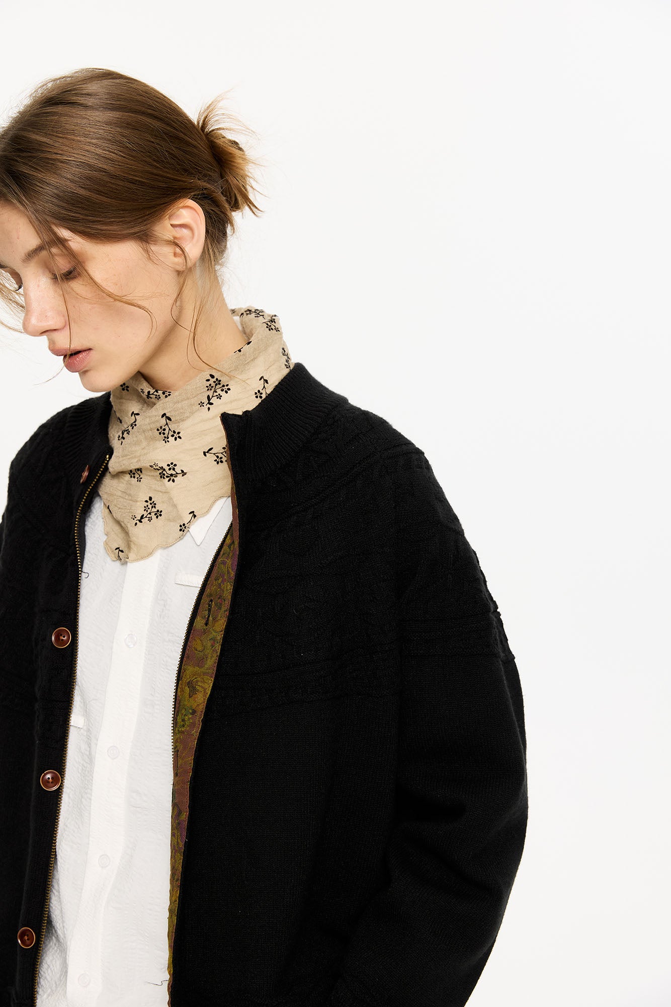 KREATE Double-Placket Jacquard Yoke Cardigan