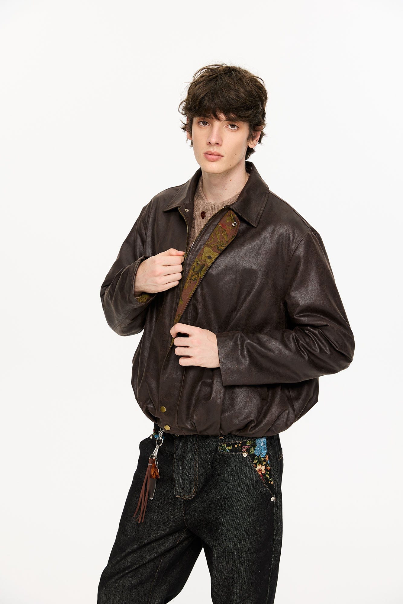 KREATE Floral-Lined Suede Bomber Jacket, premium urban and streetwear designers apparel on PROJECTISR.com, KREATE