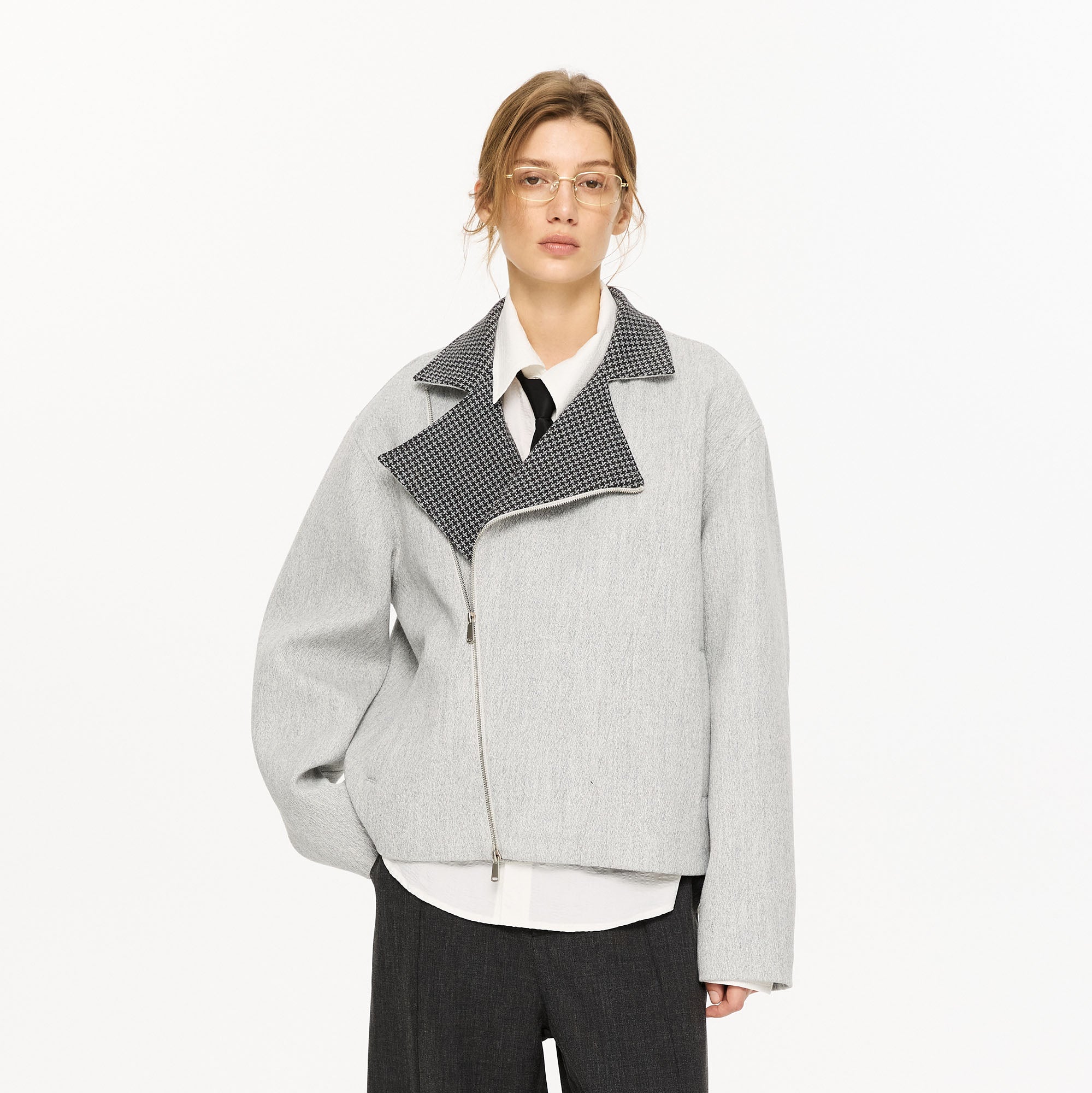 KREATE Houndstooth Wool-Blend Moto Jacket