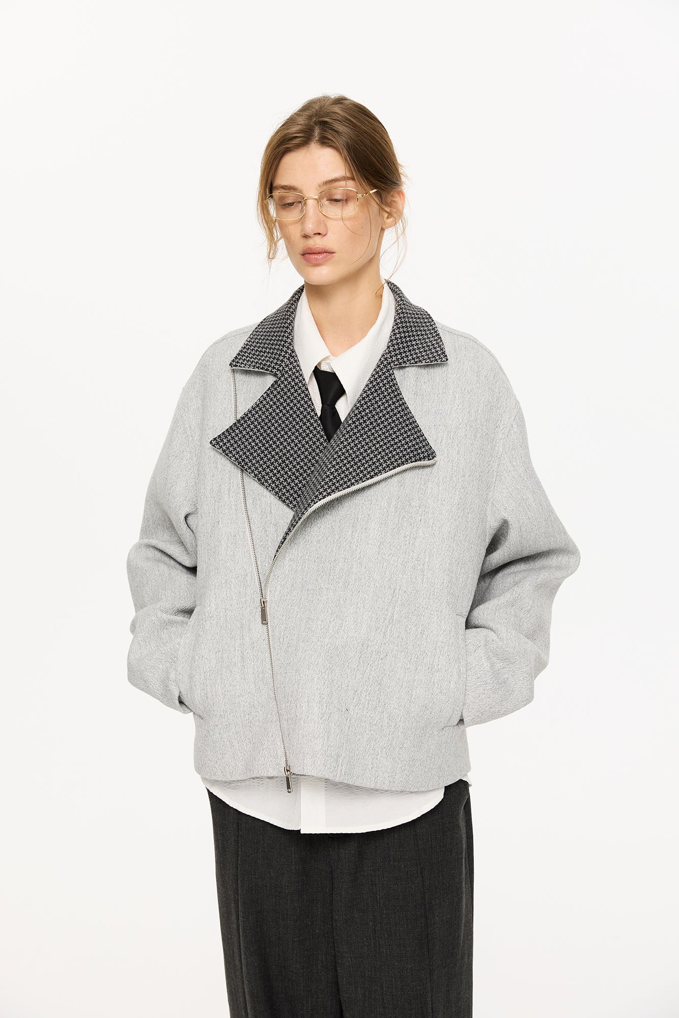 KREATE Houndstooth Wool-Blend Moto Jacket, premium urban and streetwear designers apparel on PROJECTISR.com, KREATE