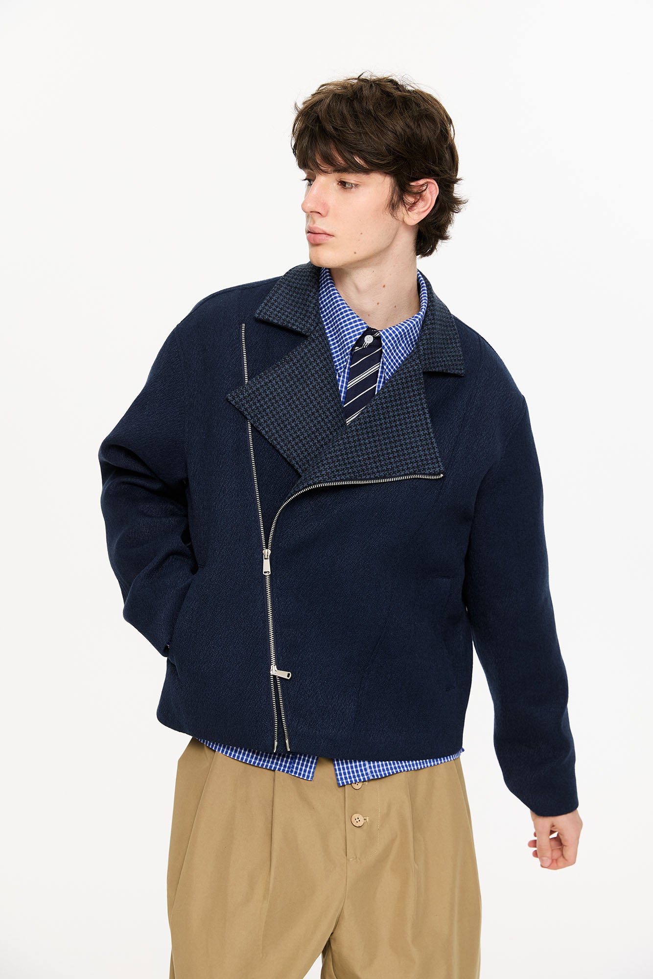 KREATE Houndstooth Wool-Blend Moto Jacket, premium urban and streetwear designers apparel on PROJECTISR.com, KREATE