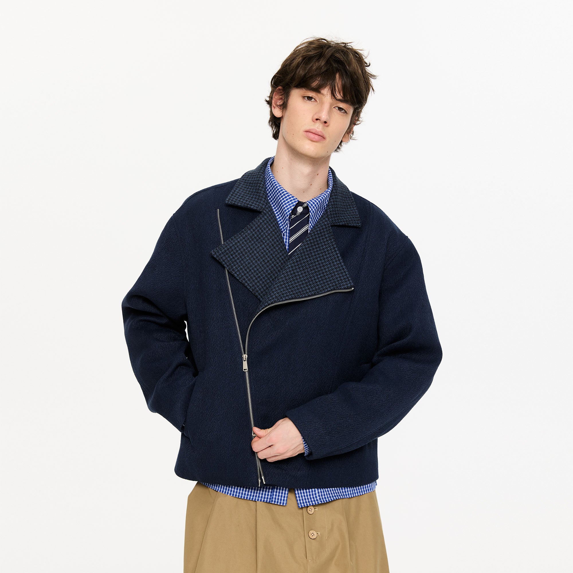 KREATE Houndstooth Wool-Blend Moto Jacket
