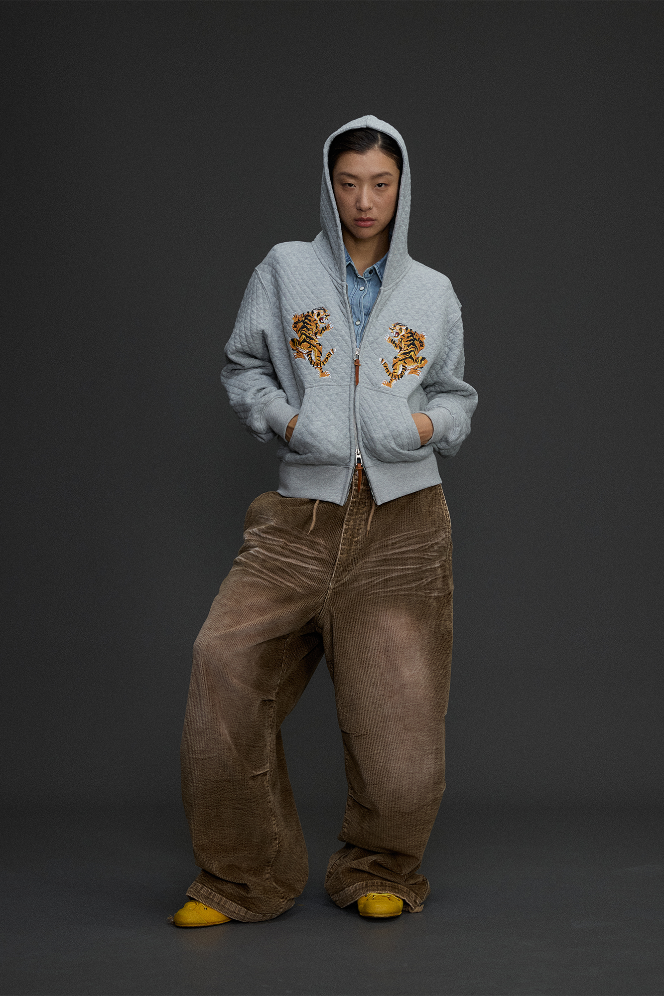 NIANJIUYIKOUER Tiger Embroidered Quilted Zip-Up Hoodie, premium urban and streetwear designers apparel on PROJECTISR.com, NIANJIUYIKOUER
