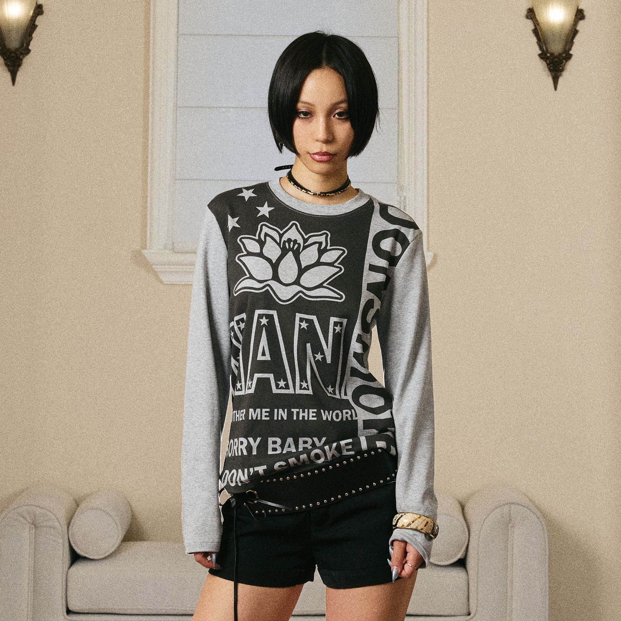 DONSMOKE × NANA Contrast Lotus Graphic Long-Sleeve Tee, premium urban and streetwear designers apparel on PROJECTISR.com, DONSMOKE