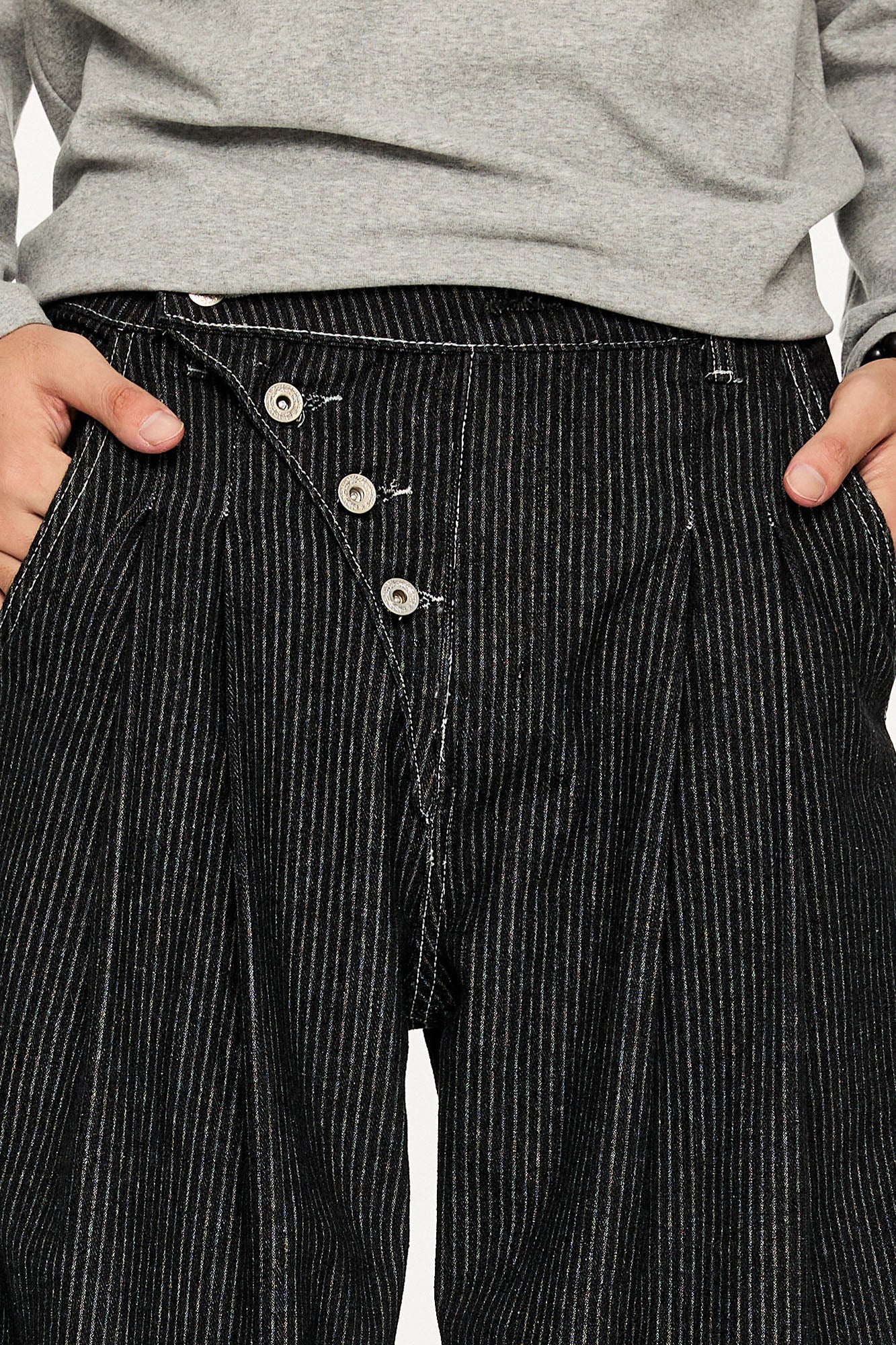 KREATE Asymmetric Button-Up Pleated Jeans