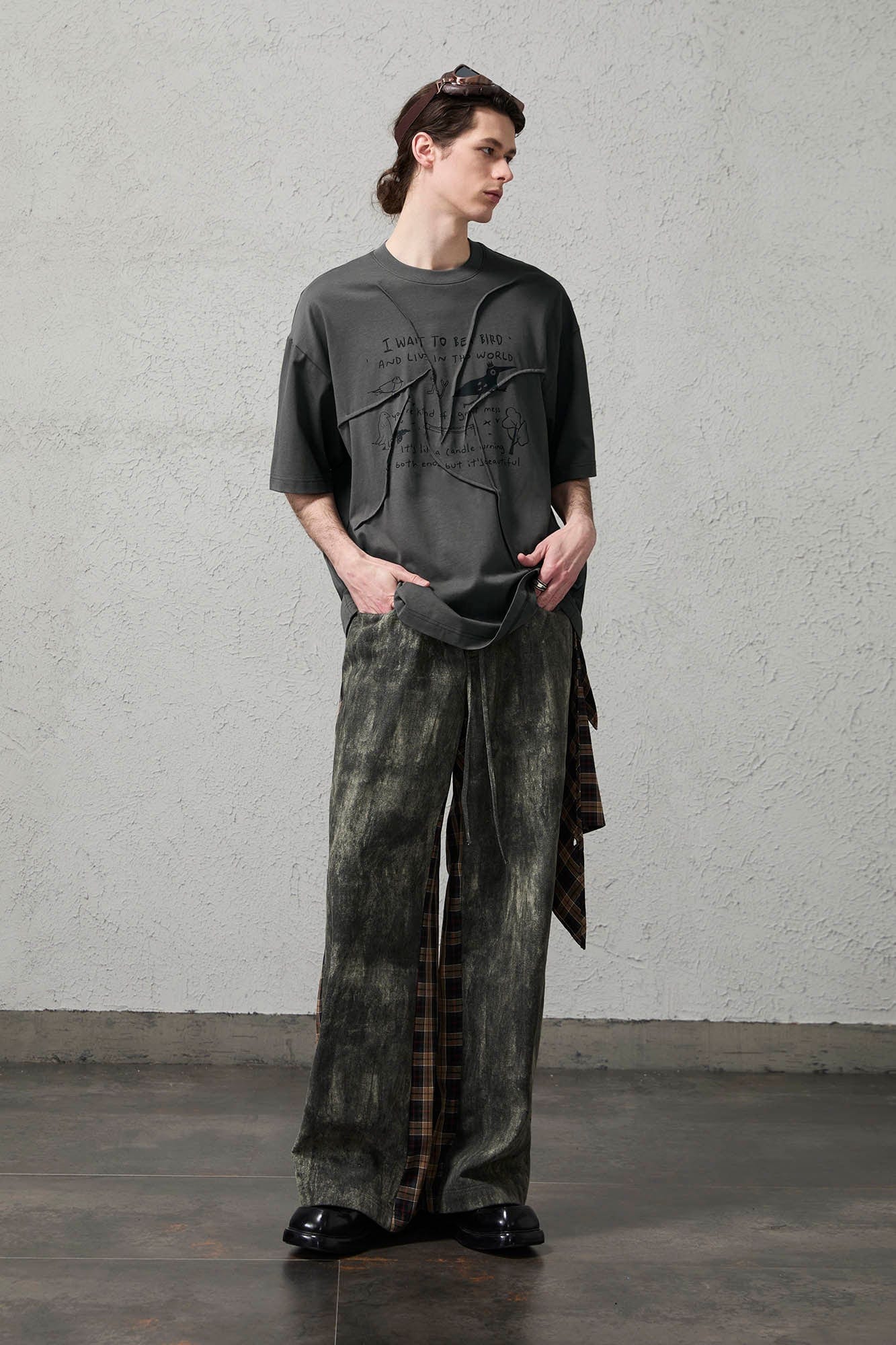 ORGANIC EMOTION Asymmetrical Pleated Script Graphic T-Shirt