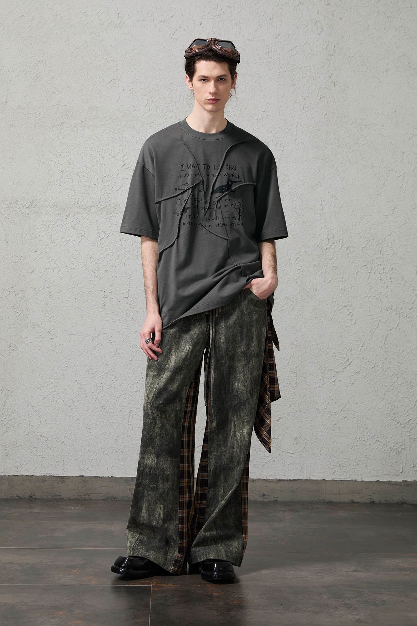ORGANIC EMOTION Asymmetrical Pleated Script Graphic T-Shirt