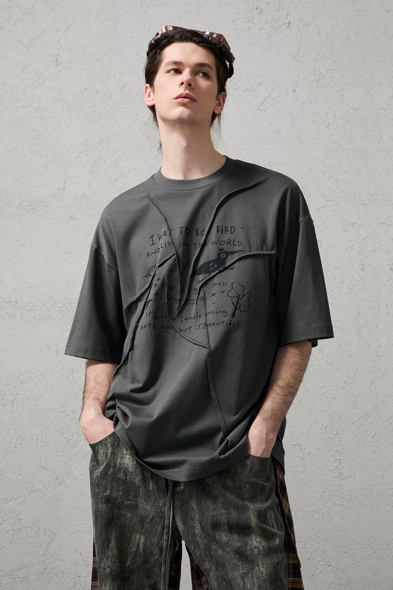 ORGANIC EMOTION Asymmetrical Pleated Script Graphic T-Shirt