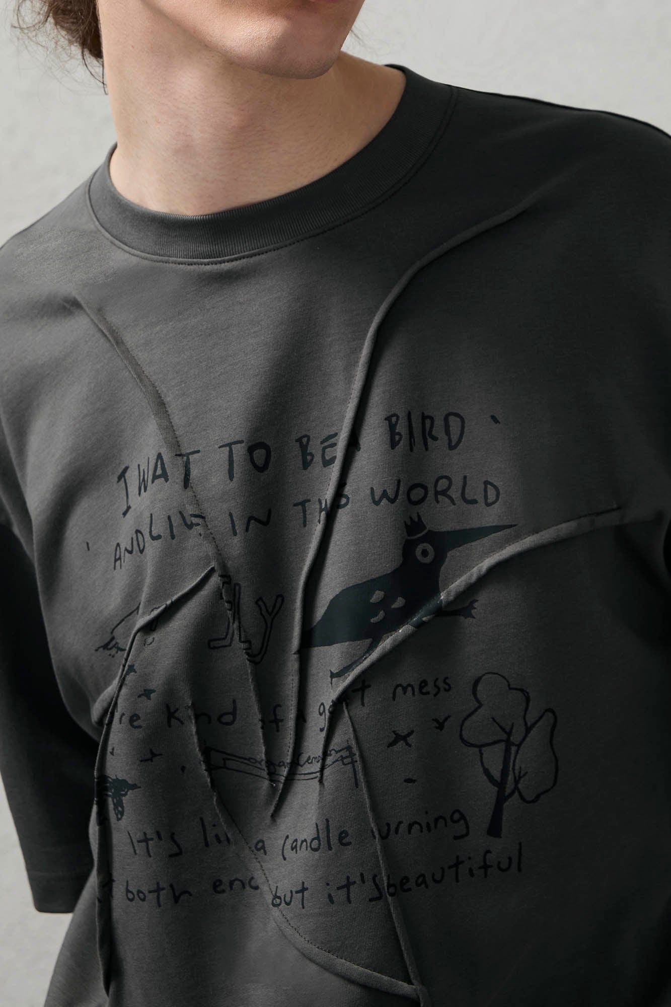 ORGANIC EMOTION Asymmetrical Pleated Script Graphic T-Shirt