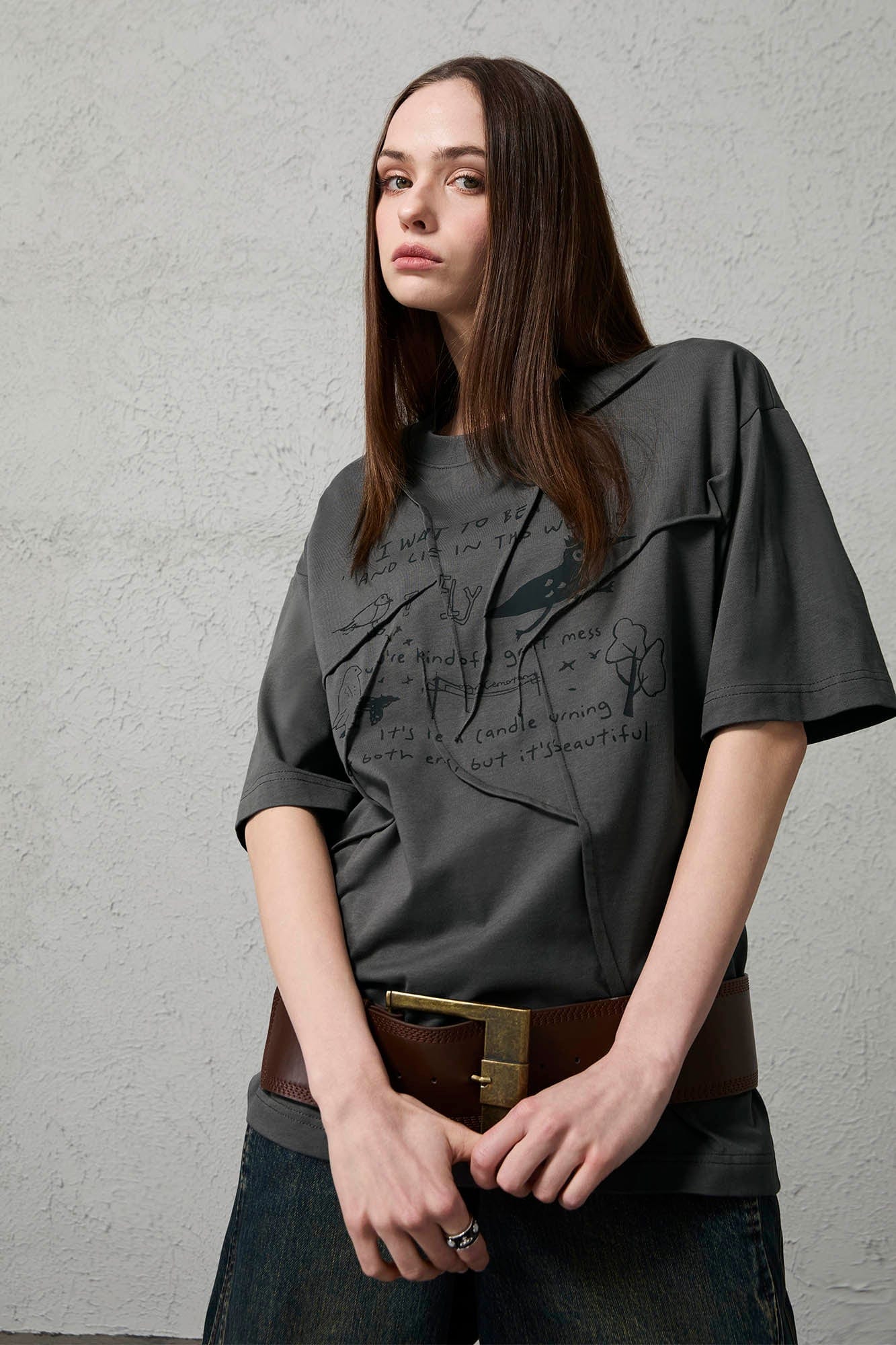 ORGANIC EMOTION Asymmetrical Pleated Script Graphic T-Shirt