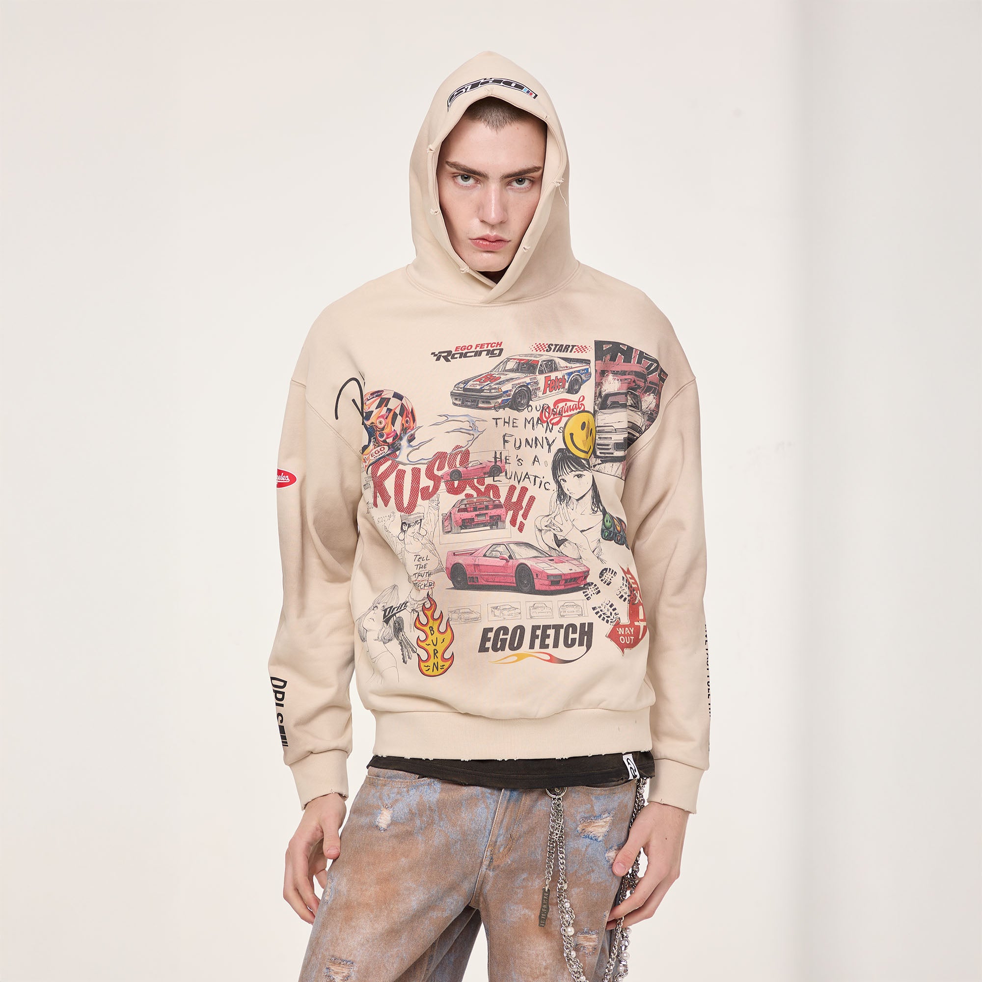 EGOFETCH Distressed Racing Anime Graphic Hoodie