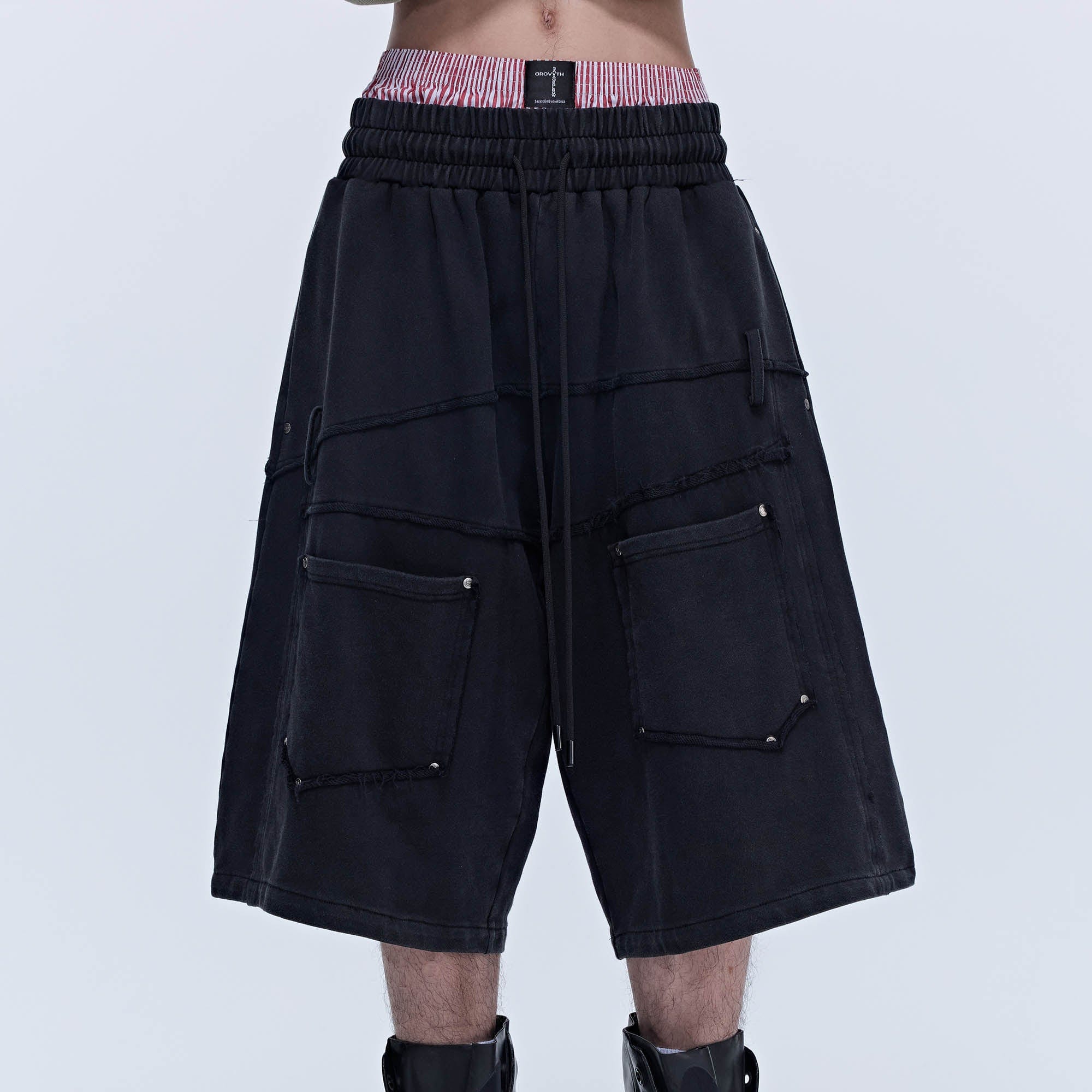SAVAGEGROWTHWORLD Slanted Spliced Drawstring Baggy Shorts, premium urban and streetwear designers apparel on PROJECTISR.com, SAVAGEGROWTHWORLD