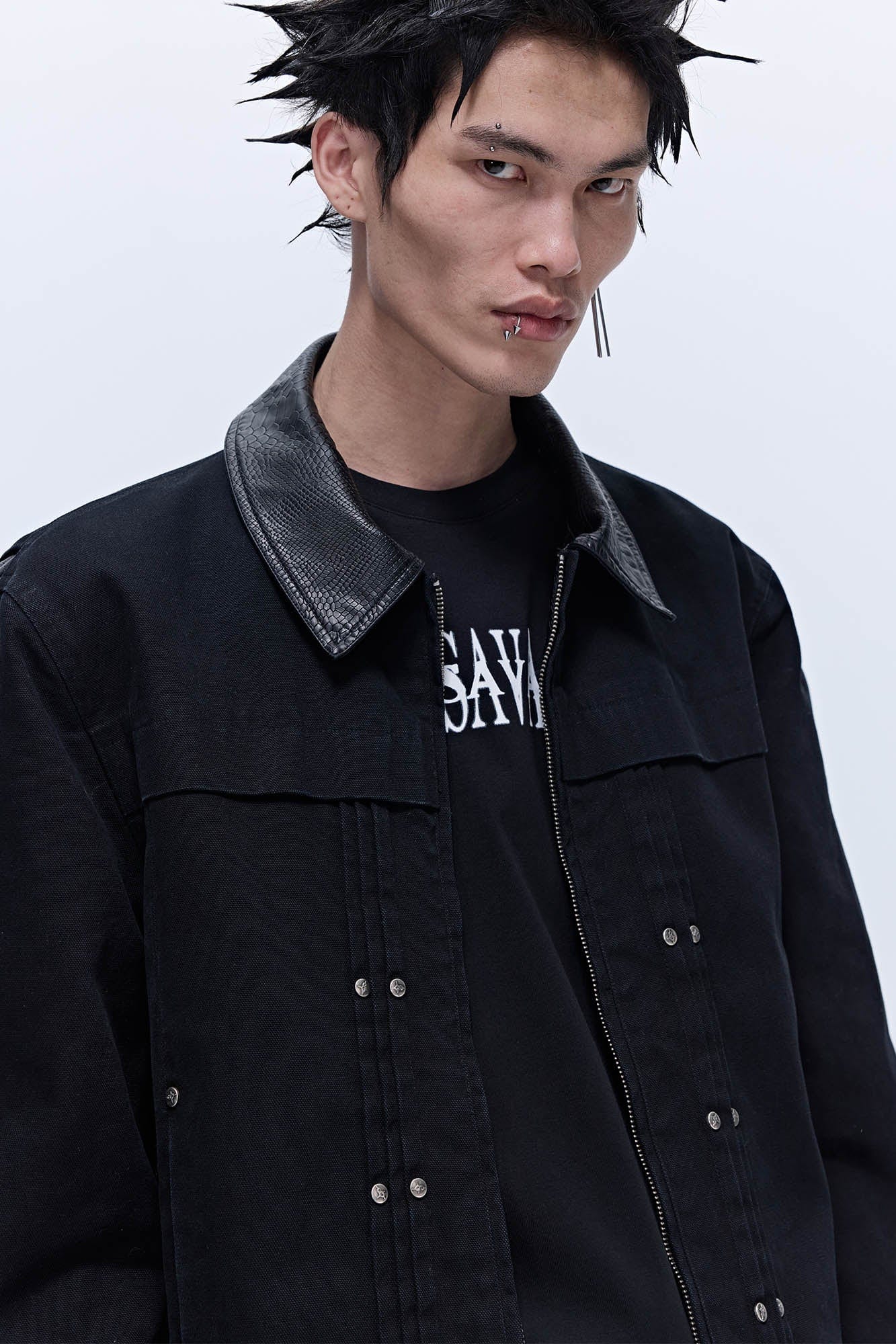 SAVAGEGROWTHWORLD Rivet Faux Leather Paneled Detroit Jacket, premium urban and streetwear designers apparel on PROJECTISR.com, SAVAGEGROWTHWORLD