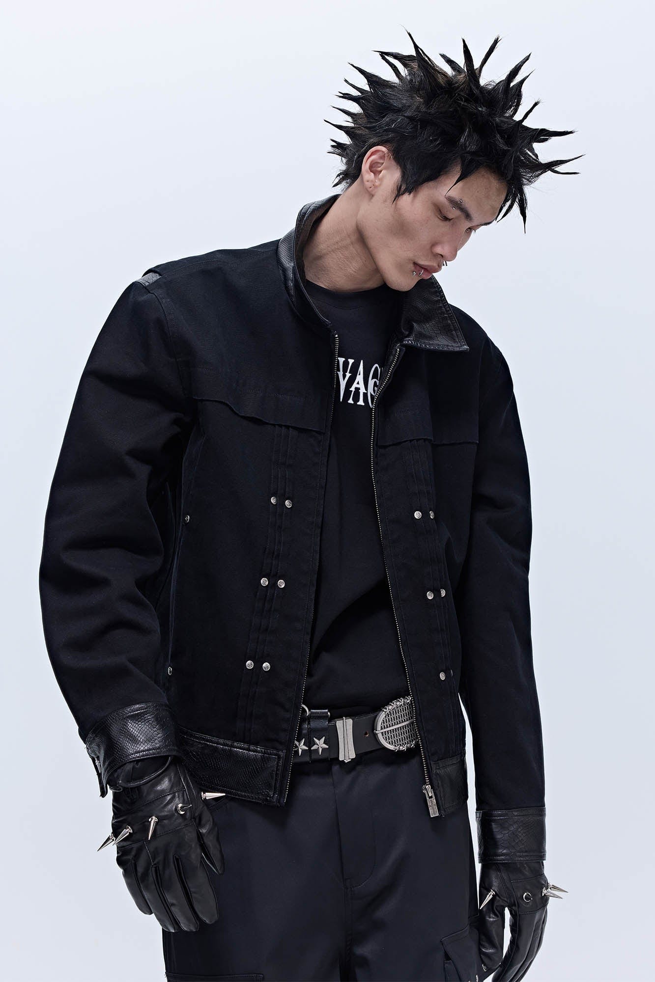 SAVAGEGROWTHWORLD Rivet Faux Leather Paneled Detroit Jacket, premium urban and streetwear designers apparel on PROJECTISR.com, SAVAGEGROWTHWORLD
