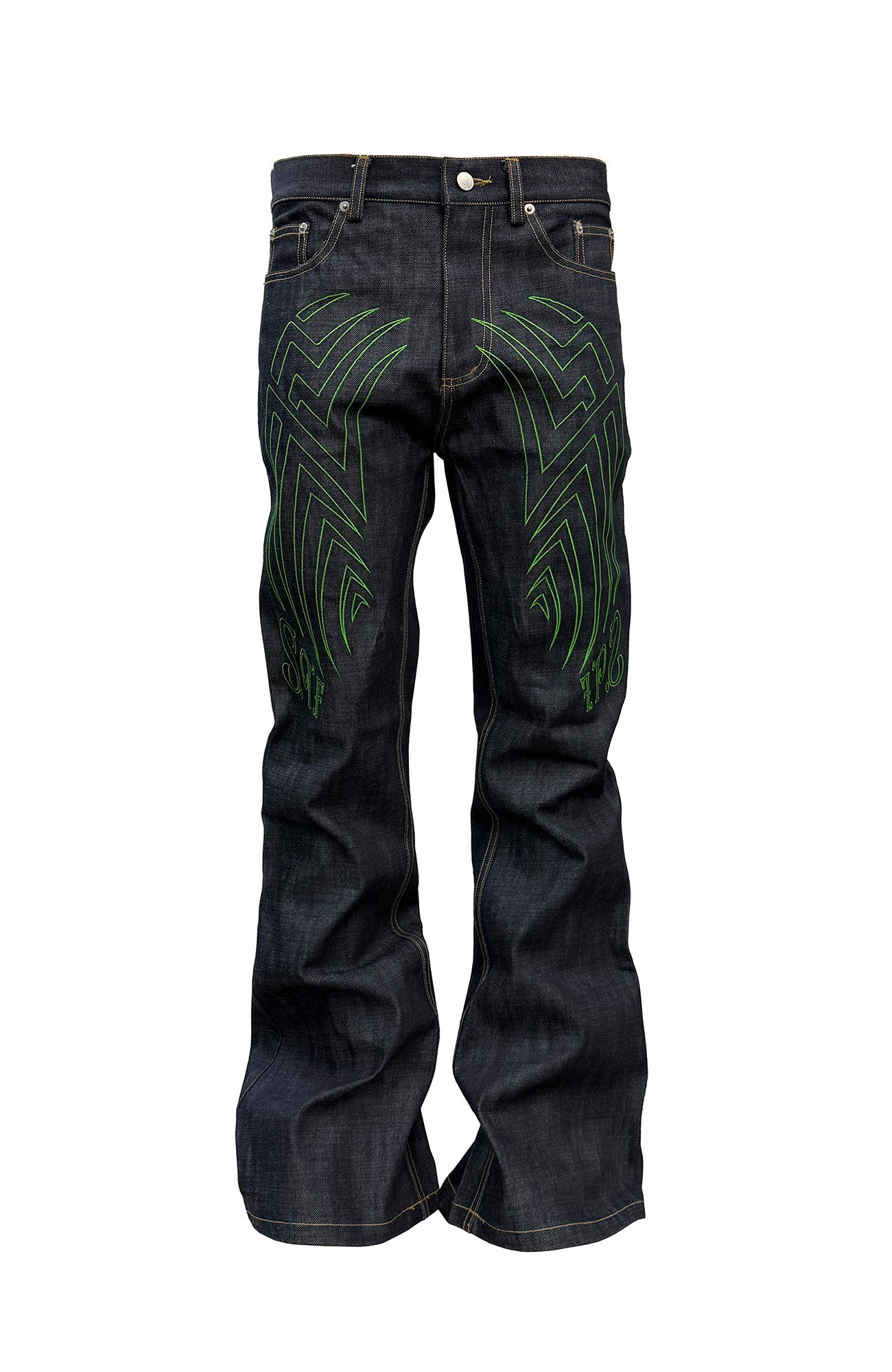 PCCVISION Contrast-Stitch Embroidered Raw Jeans