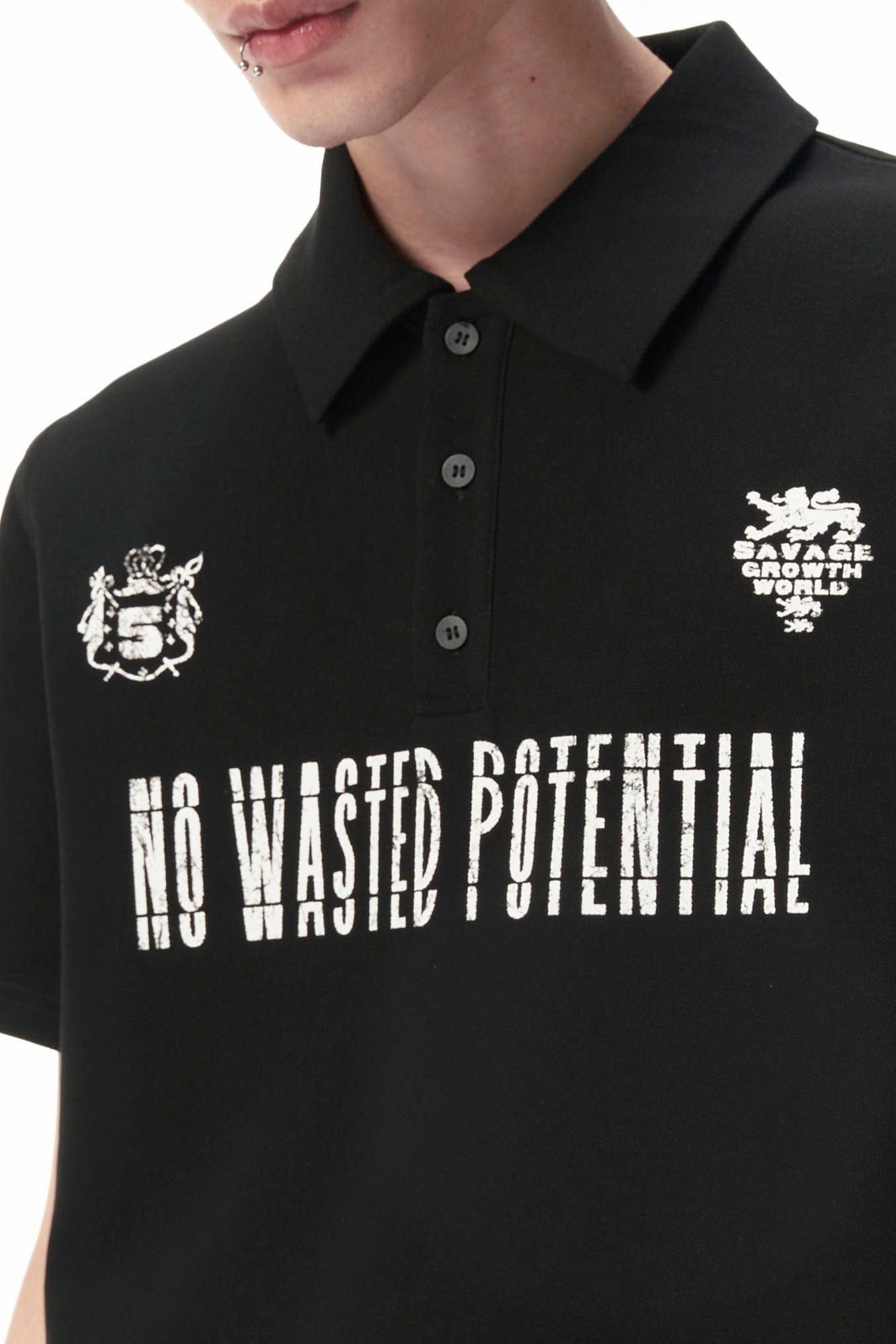 SAVAGEGROWTHWORLD No Wasted Potential Stripe-Back Polo T-Shirt, premium urban and streetwear designers apparel on PROJECTISR.com, SAVAGEGROWTHWORLD
