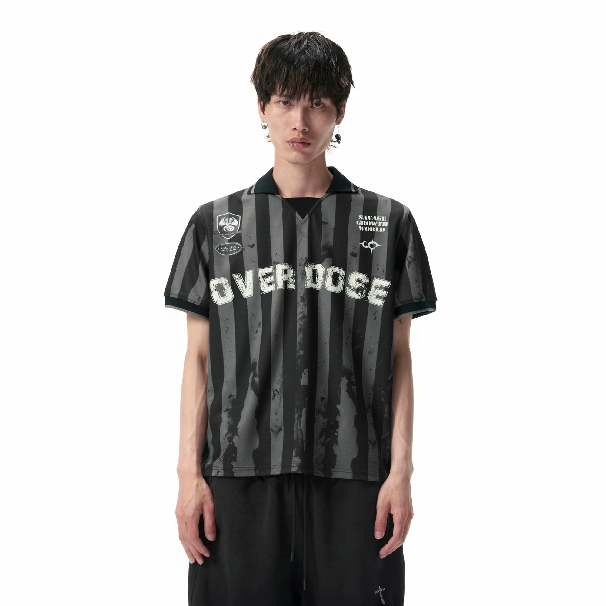 SAVAGEGROWTHWORLD OVERDOSE Distressed Striped Jersey, premium urban and streetwear designers apparel on PROJECTISR.com, SAVAGEGROWTHWORLD